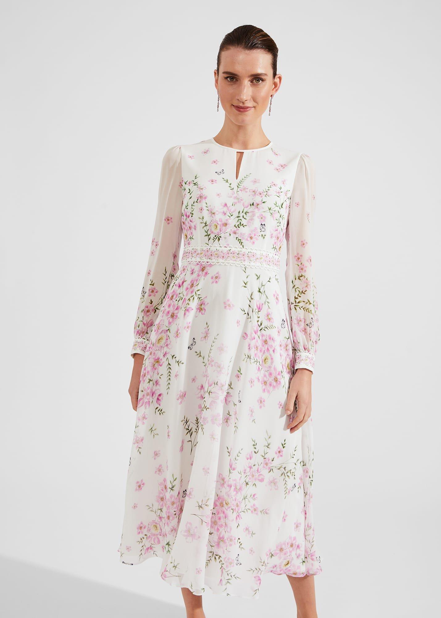 Skye Floral Silk Dress, Ivory Multi, hi-res