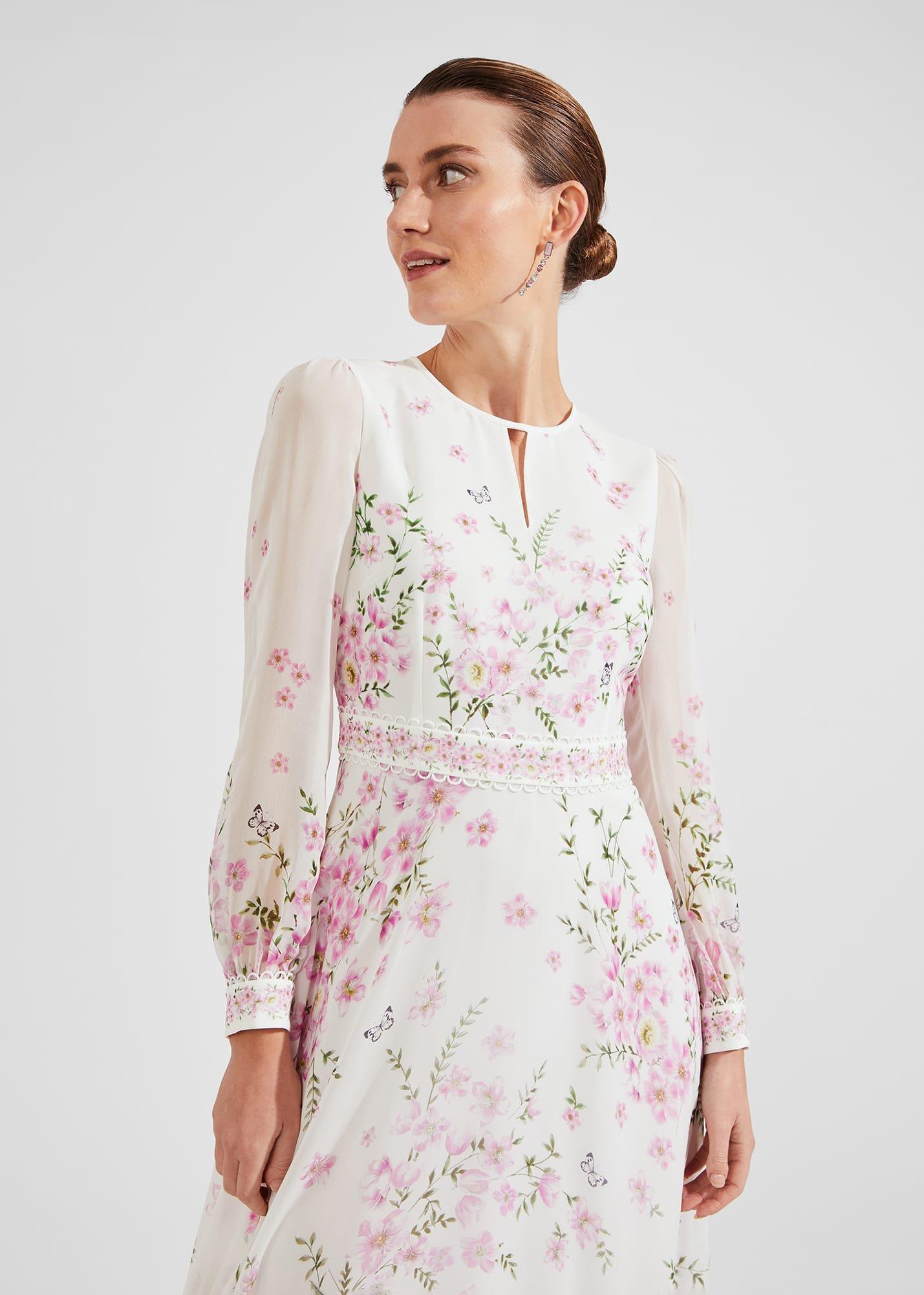 Skye Floral Silk Dress, Ivory Multi, hi-res