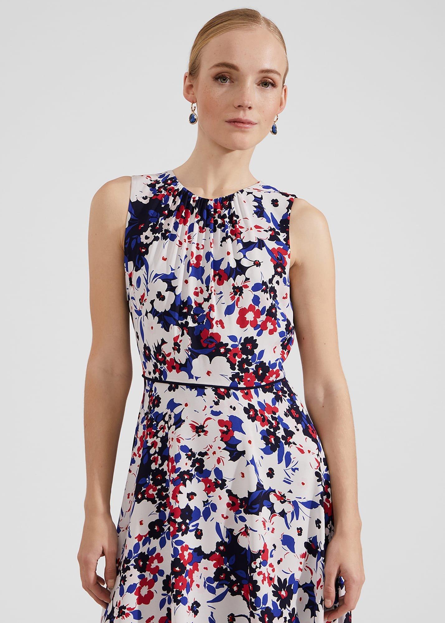 Petite Carly Gathered Neck Floral Dress, Navy Pink Multi, hi-res