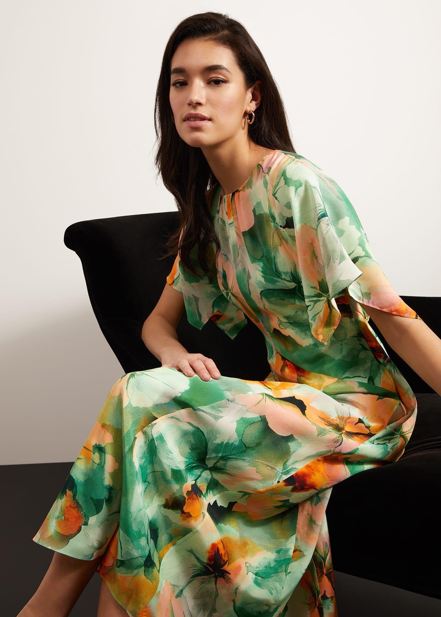 Rosemoor Silk Midi Dress, Green Orange, hi-res