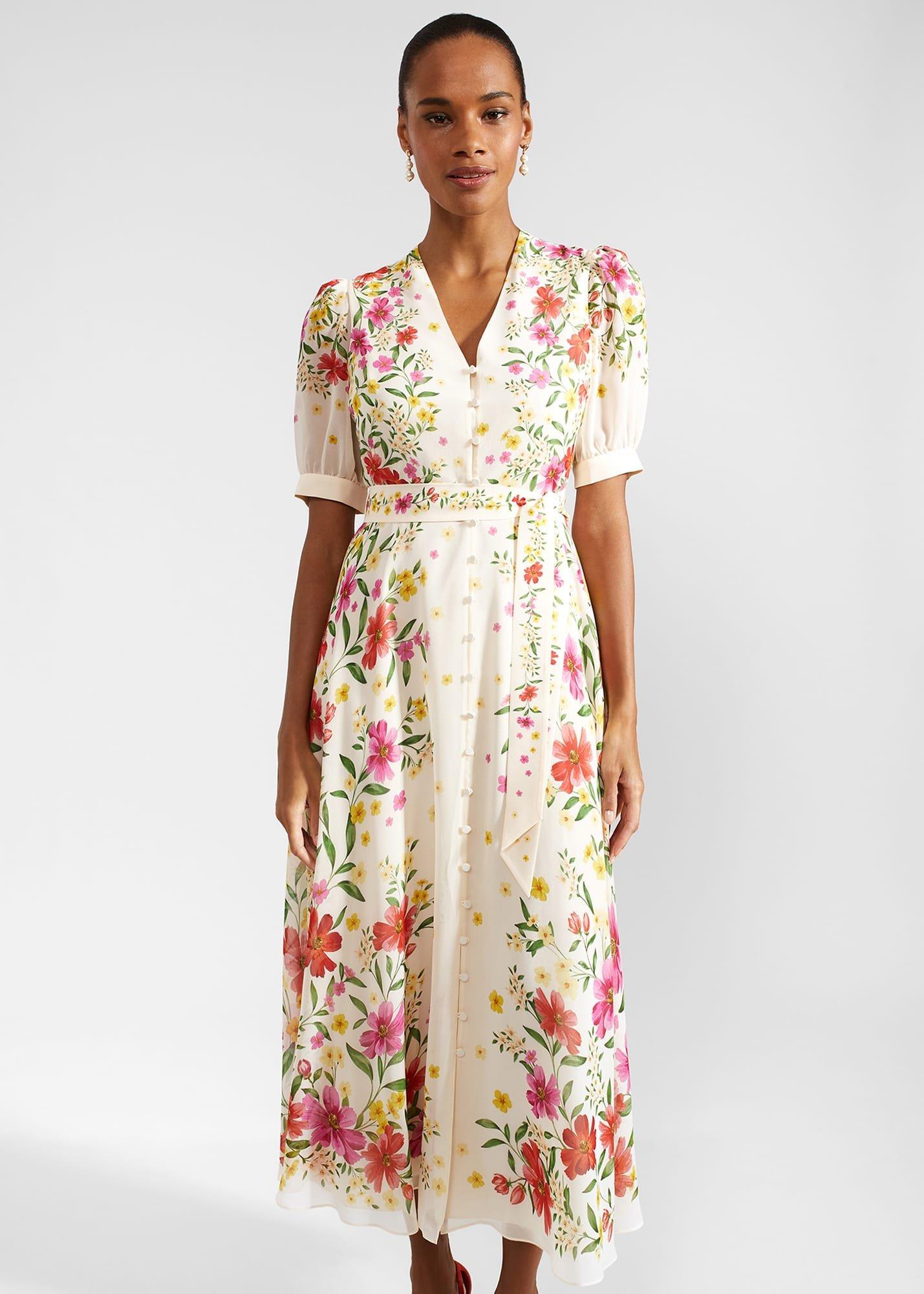 Petite Aurelia Floral Silk Dress, Cream Multi, hi-res