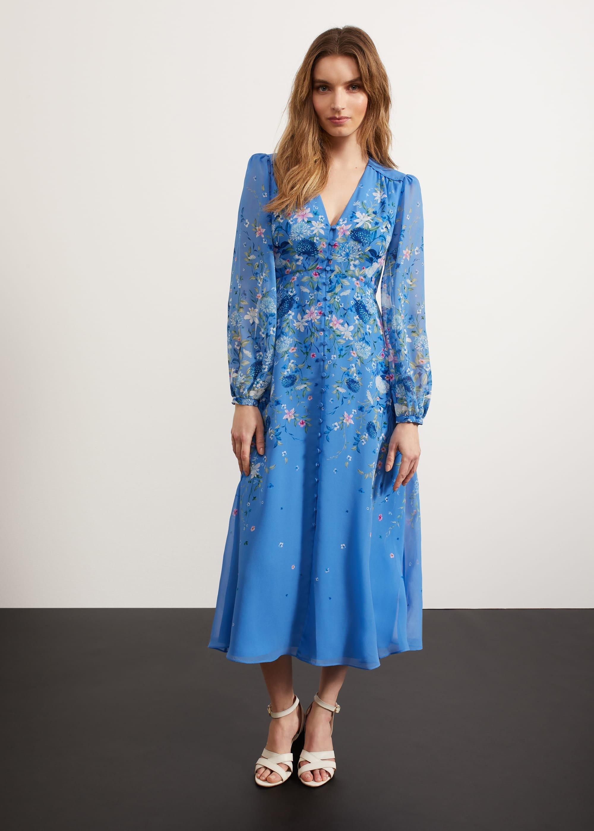 Caversham Silk Floral Dress, Blue Multi, hi-res