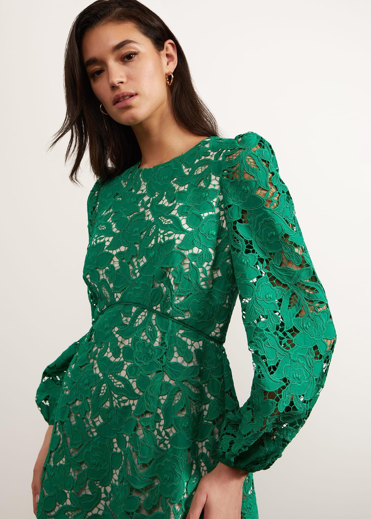 Kew Lace Mini Dress, Green Cream, hi-res
