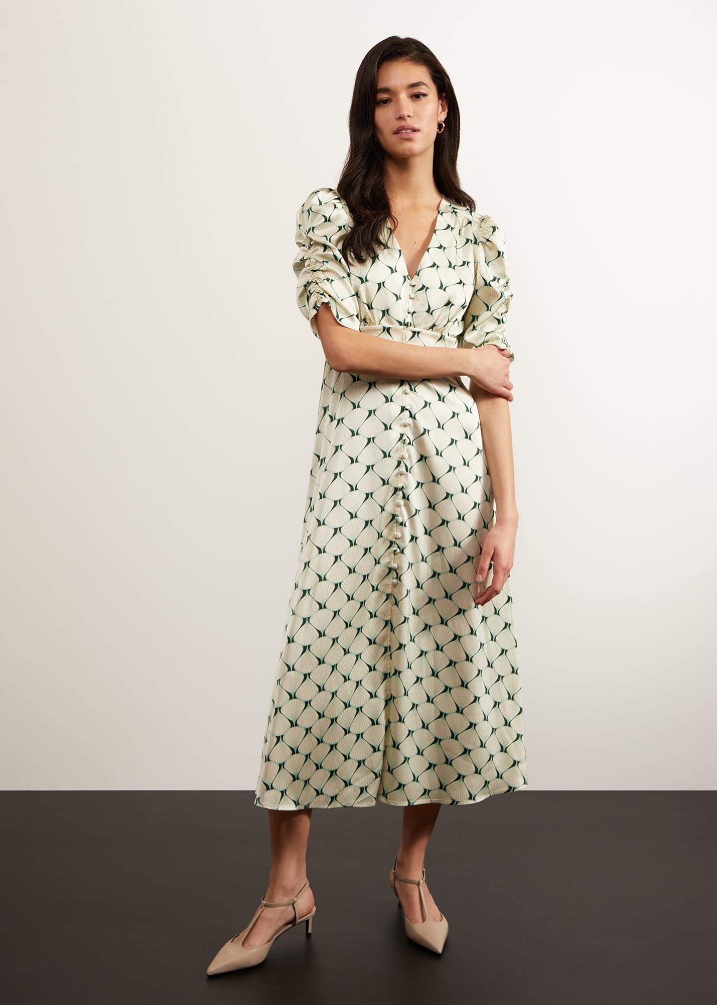 Ennerdale V Neck Midi Dress, Green Cream, hi-res