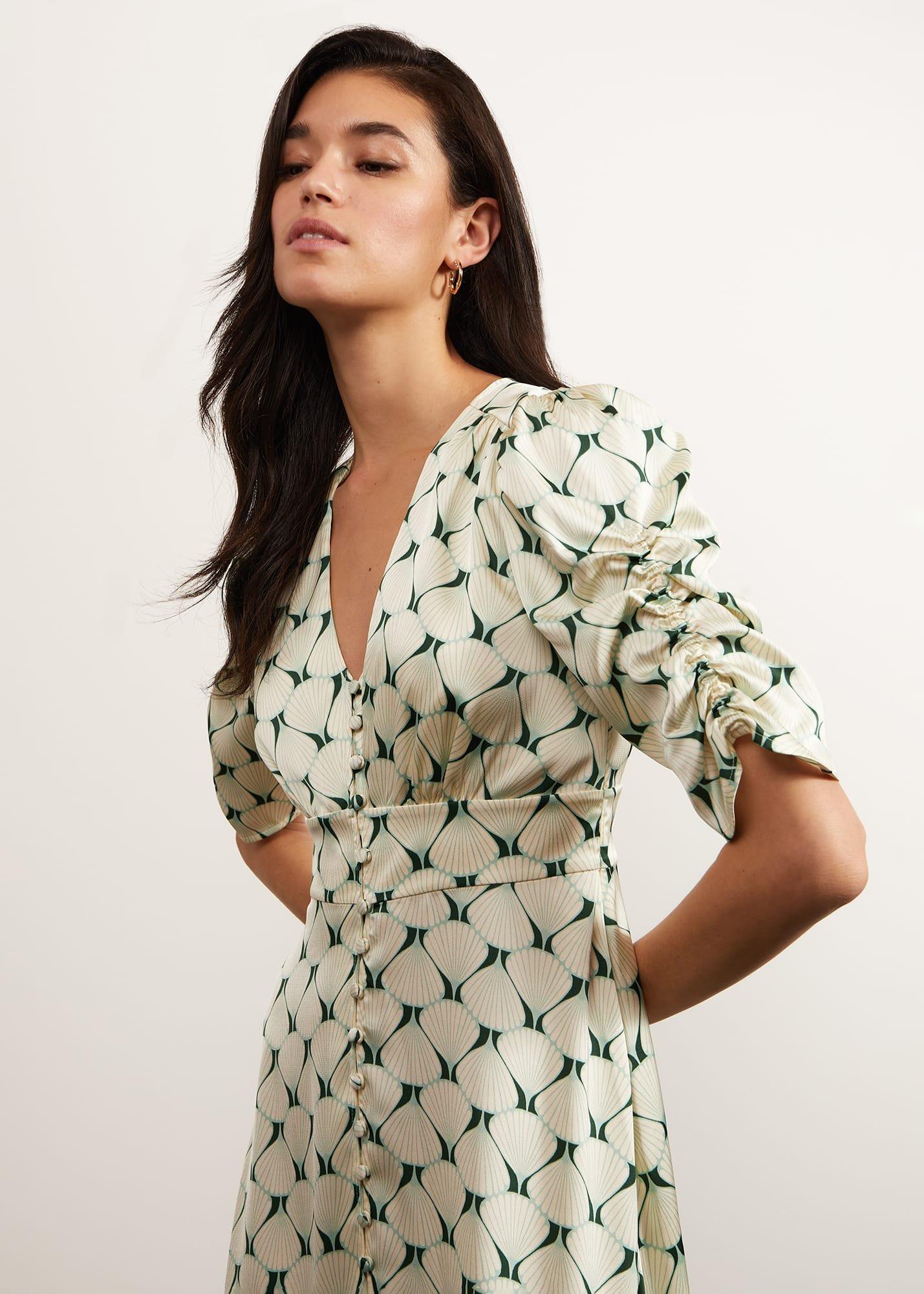 Ennerdale V Neck Midi Dress, Green Cream, hi-res