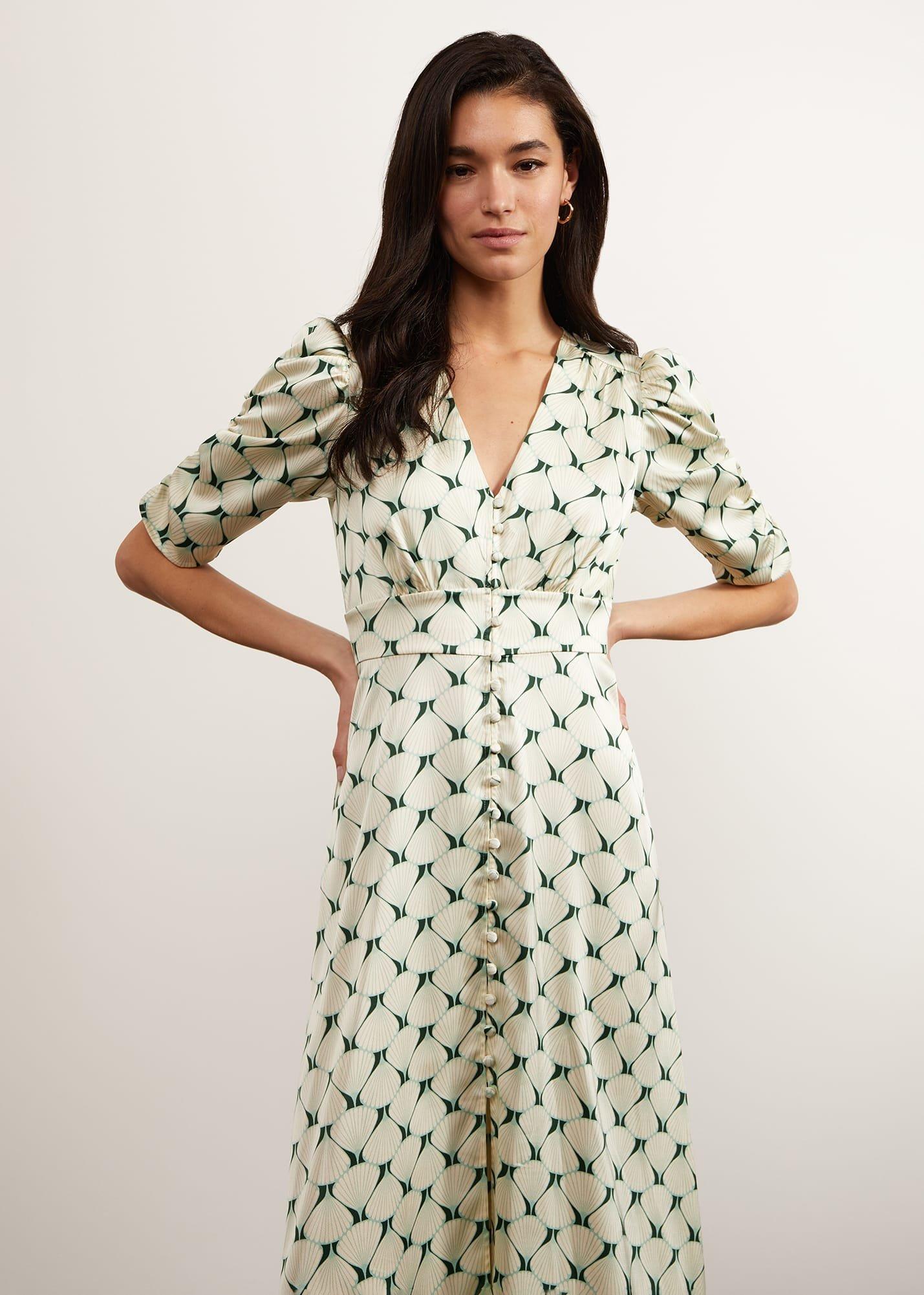 Ennerdale V Neck Midi Dress, Green Cream, hi-res