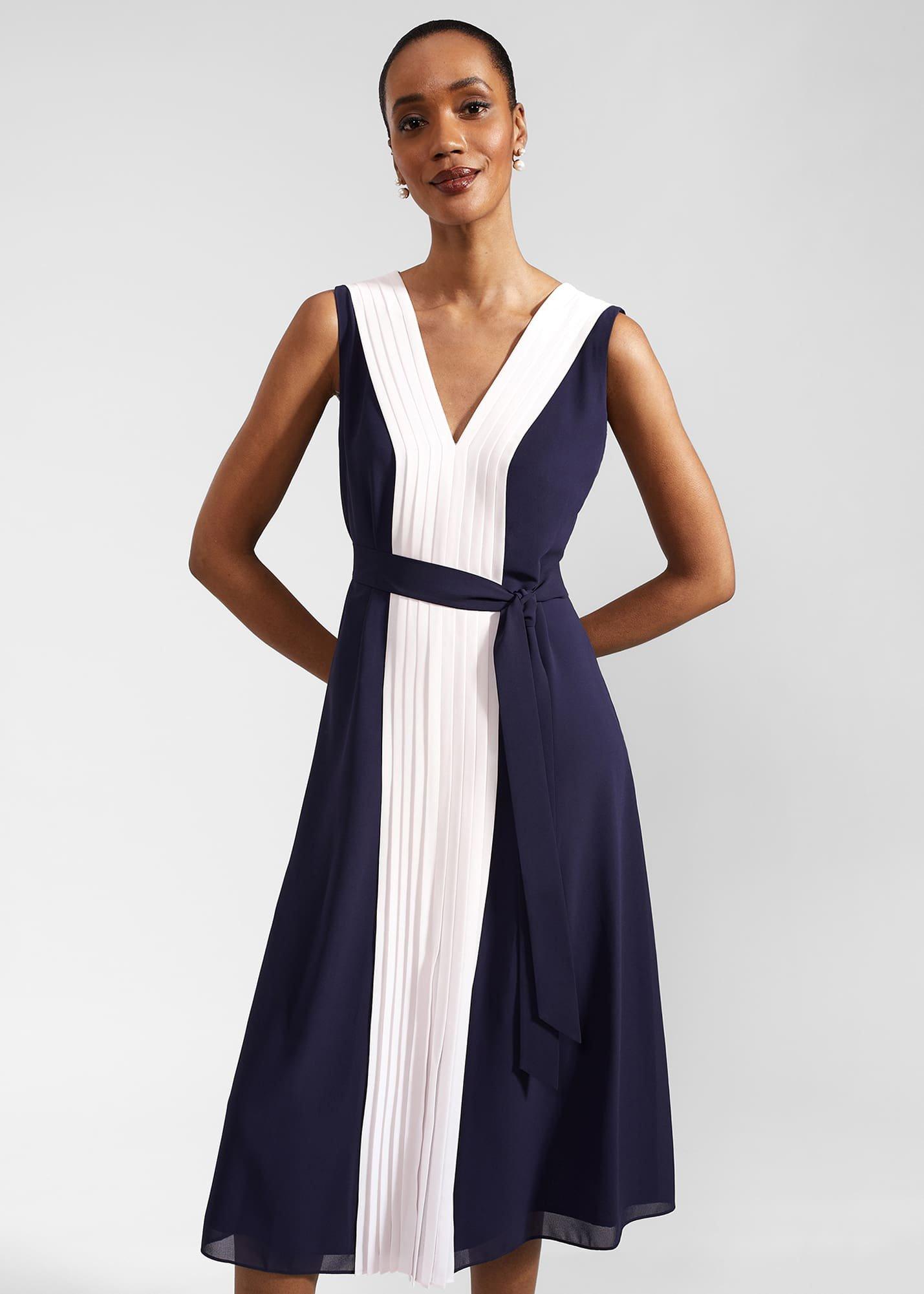 Lila Pleated Midi Dress, Navy Pale Pink, hi-res