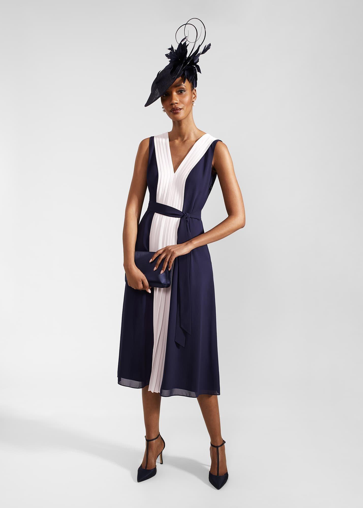 Lila Pleated Midi Dress, Navy Pale Pink, hi-res