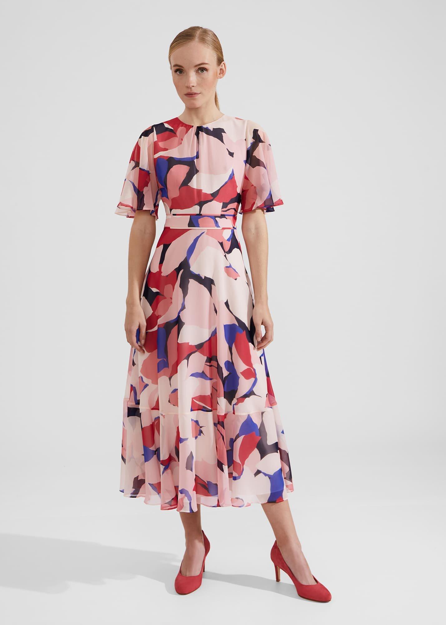 Petite Freya Silk Midi Dress, Navy Pink Multi, hi-res