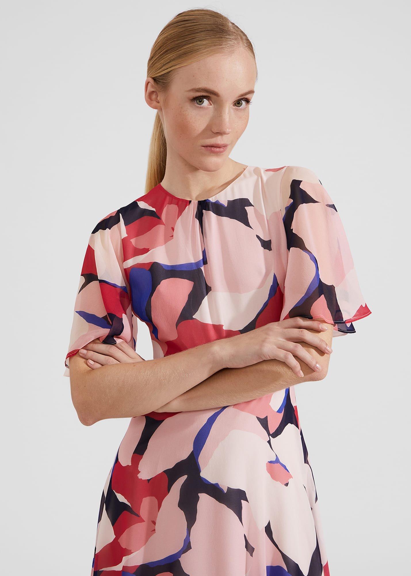 Petite Freya Silk Midi Dress, Navy Pink Multi, hi-res