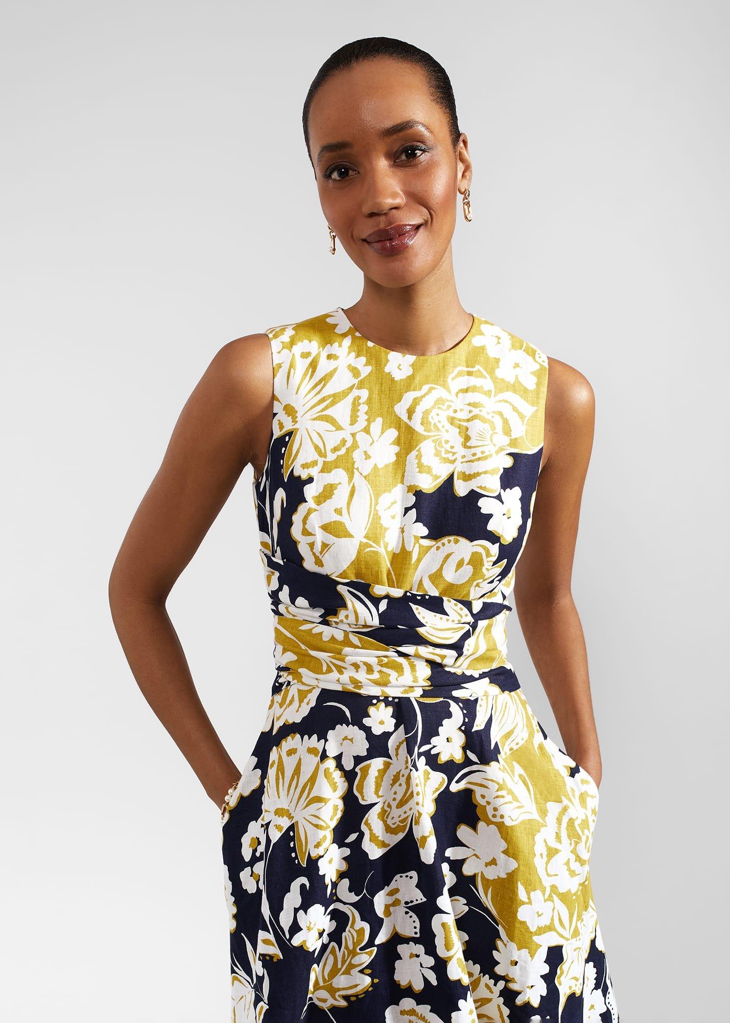 Petite Twitchill Linen Dress, Navy Yellow, hi-res