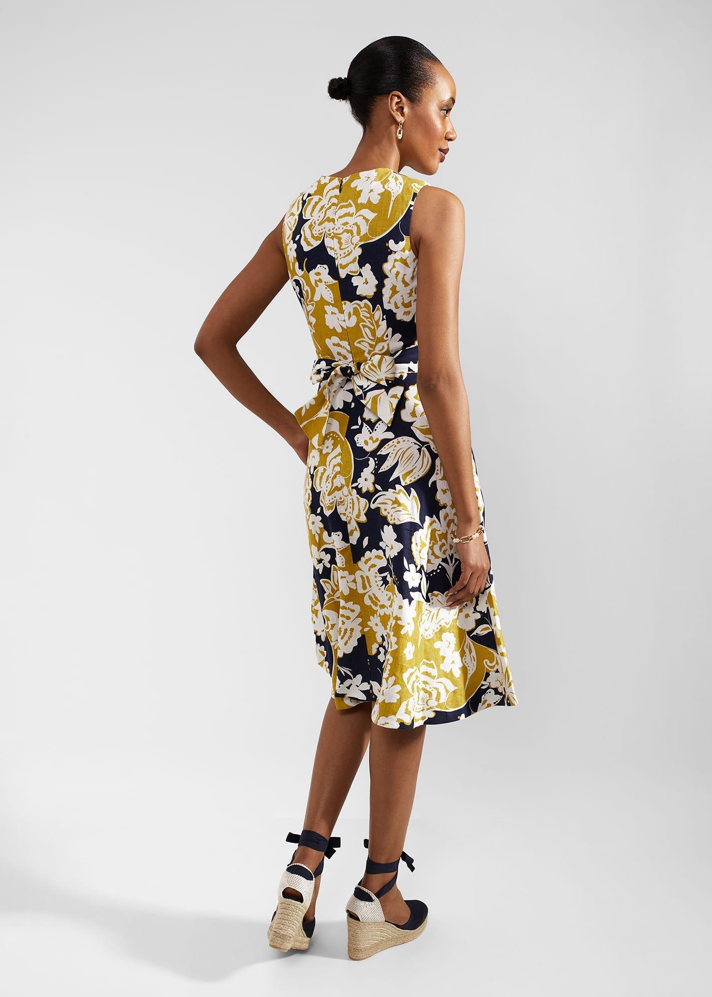 Petite Twitchill Linen Dress, Navy Yellow, hi-res