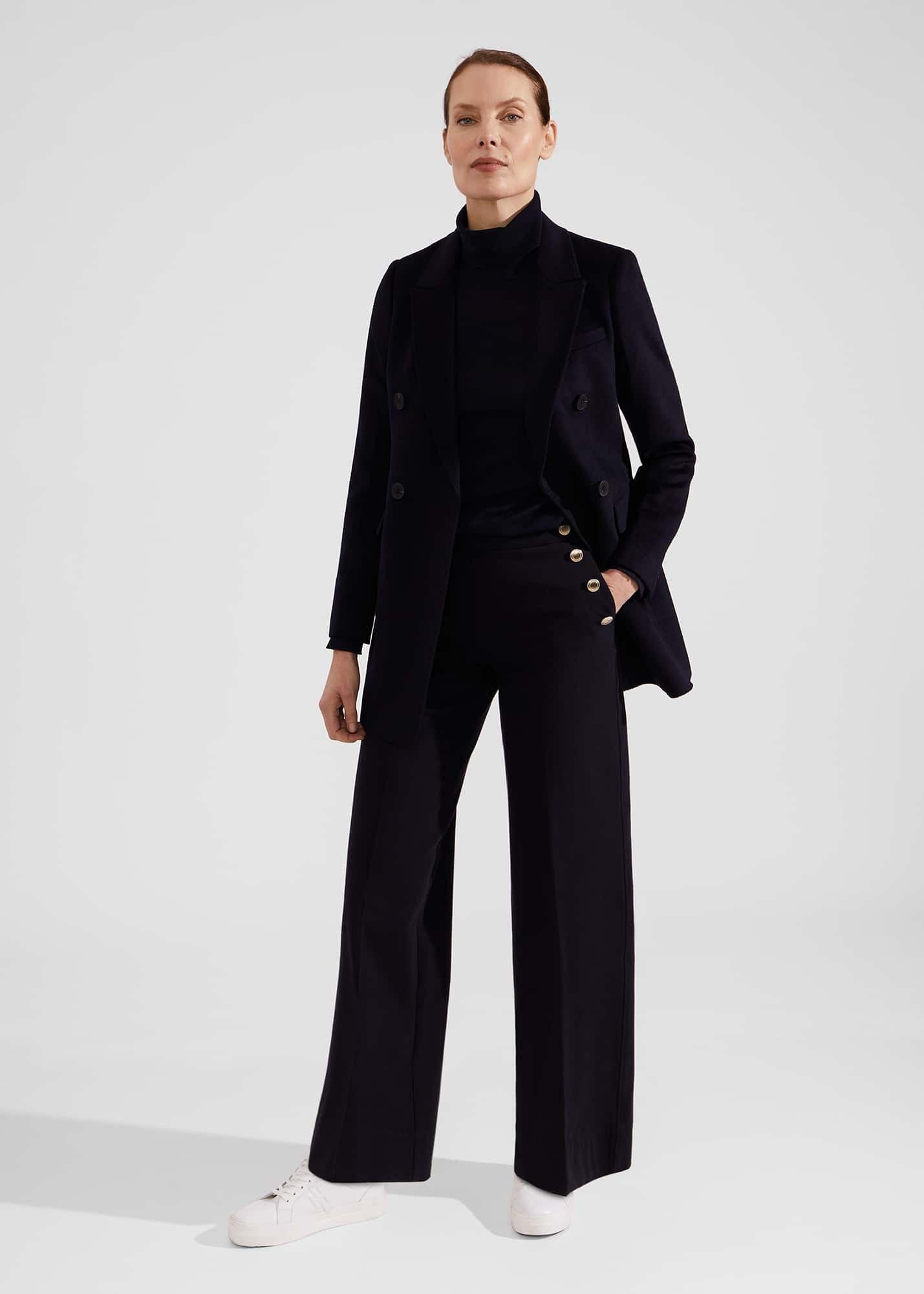 Hana Wide Leg Cotton Blend Pants, Navy, hi-res