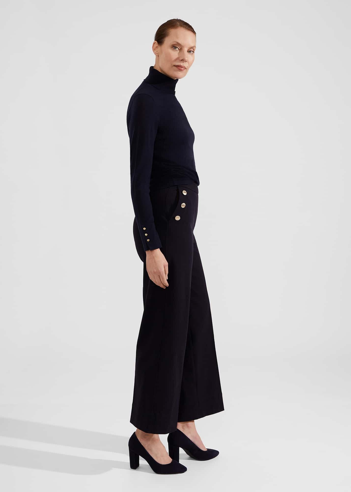 Petite Hana Wide Cotton Blend Trousers, Navy, hi-res