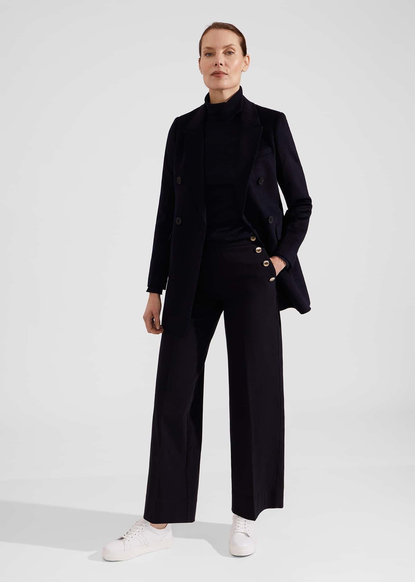 Petite Hana Wide Cotton Blend Trousers, Navy, hi-res