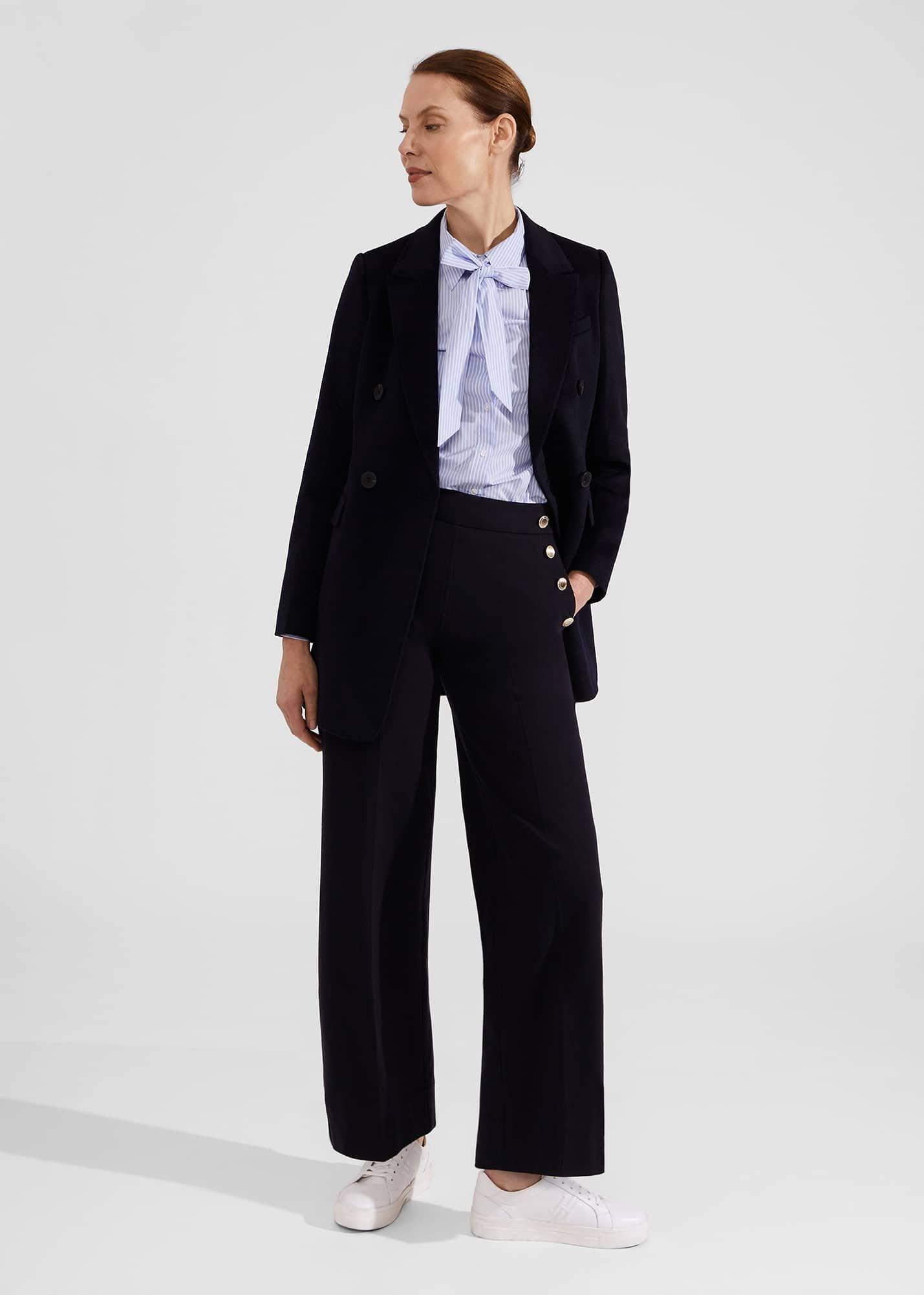 Petite Hana Wide Cotton Blend Trousers, Navy, hi-res