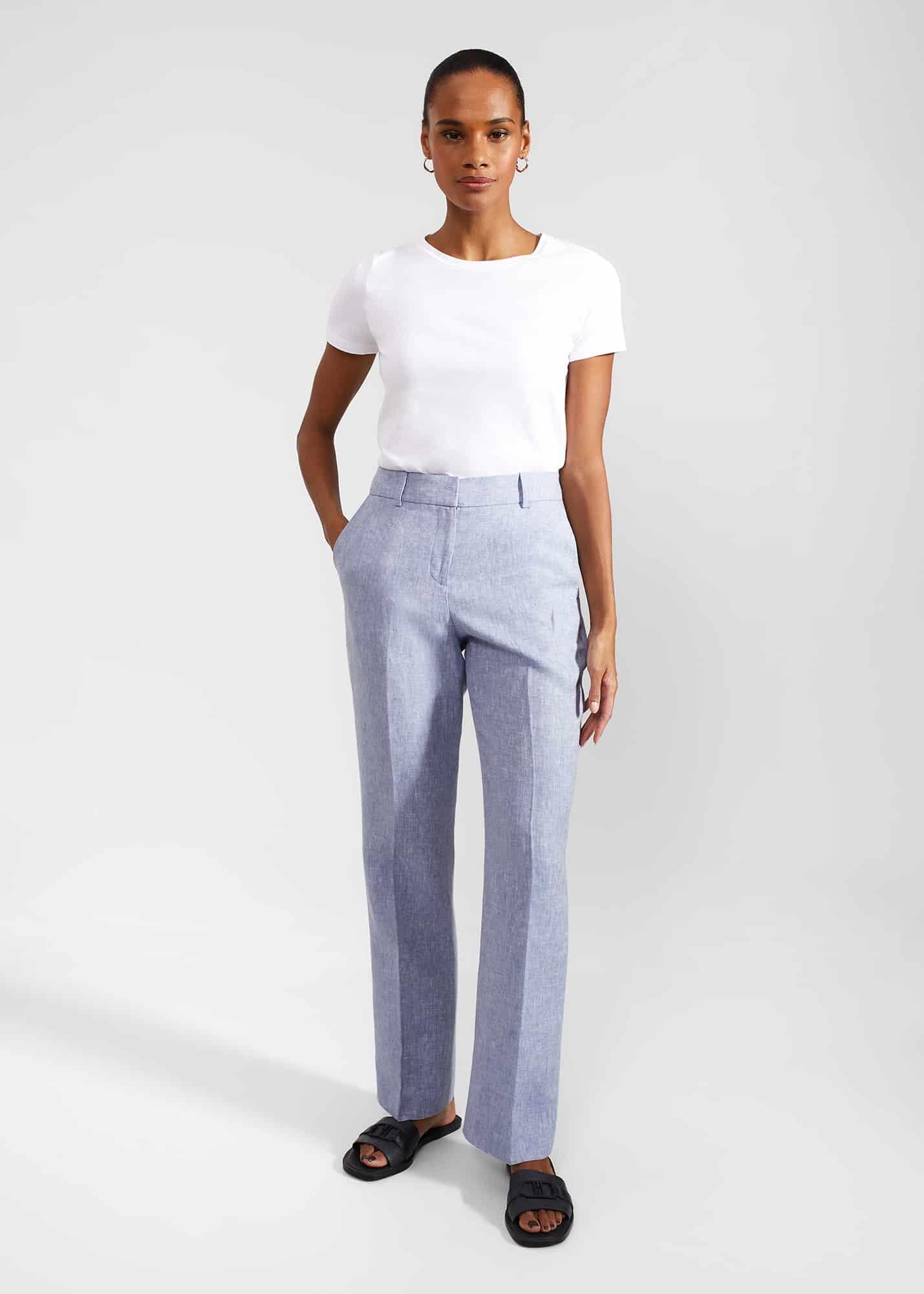 Adina Straight Linen Trousers, Blue Ivory, hi-res