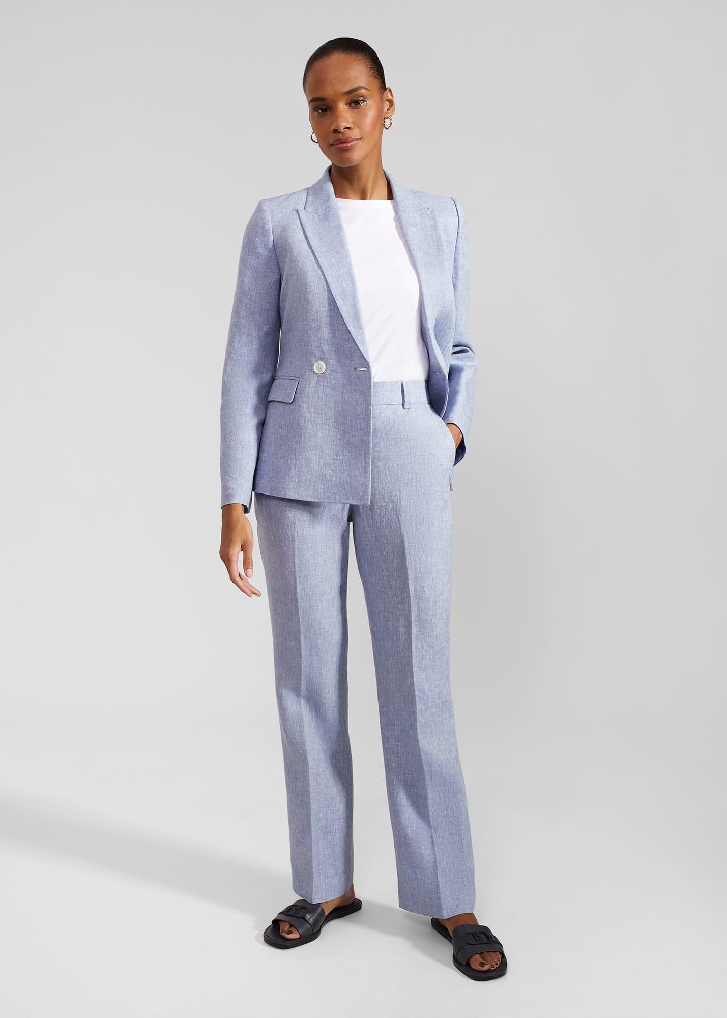 Adina Straight Linen Trousers, Blue Ivory, hi-res
