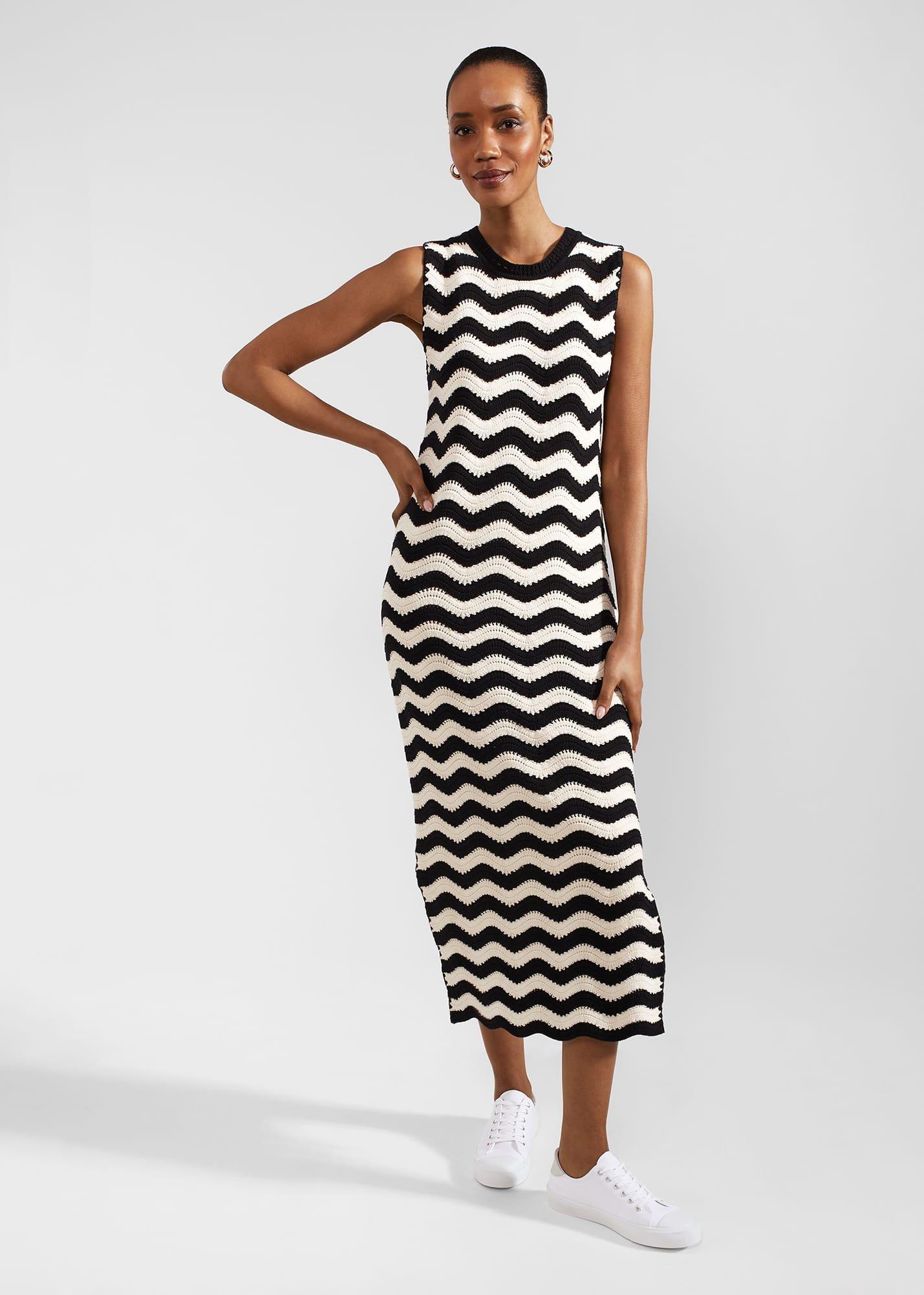 Lyon Cotton Textured Knitted Dress, Black Cream, hi-res