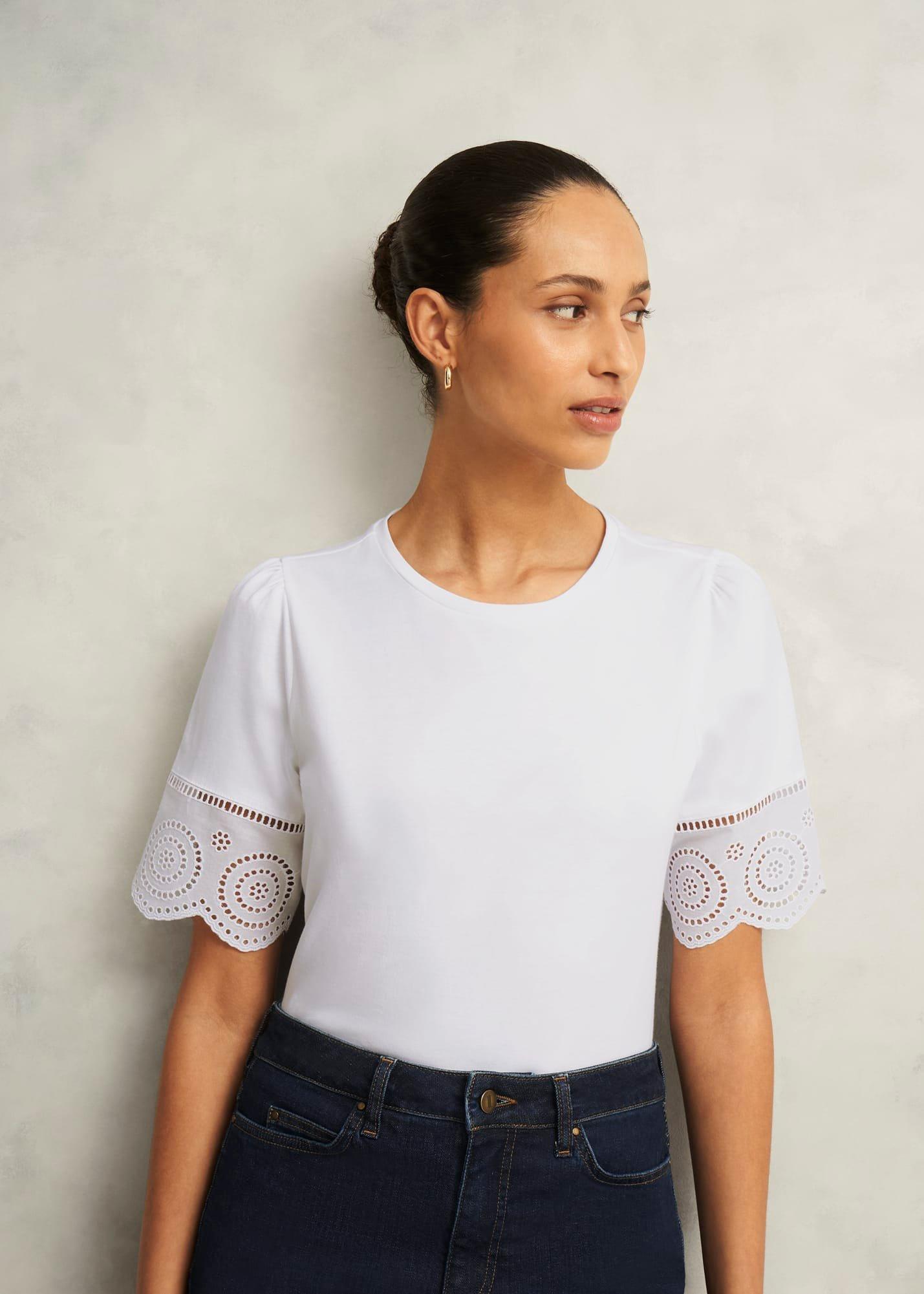 Sandra Cotton Broderie Top, Hobbs White, hi-res