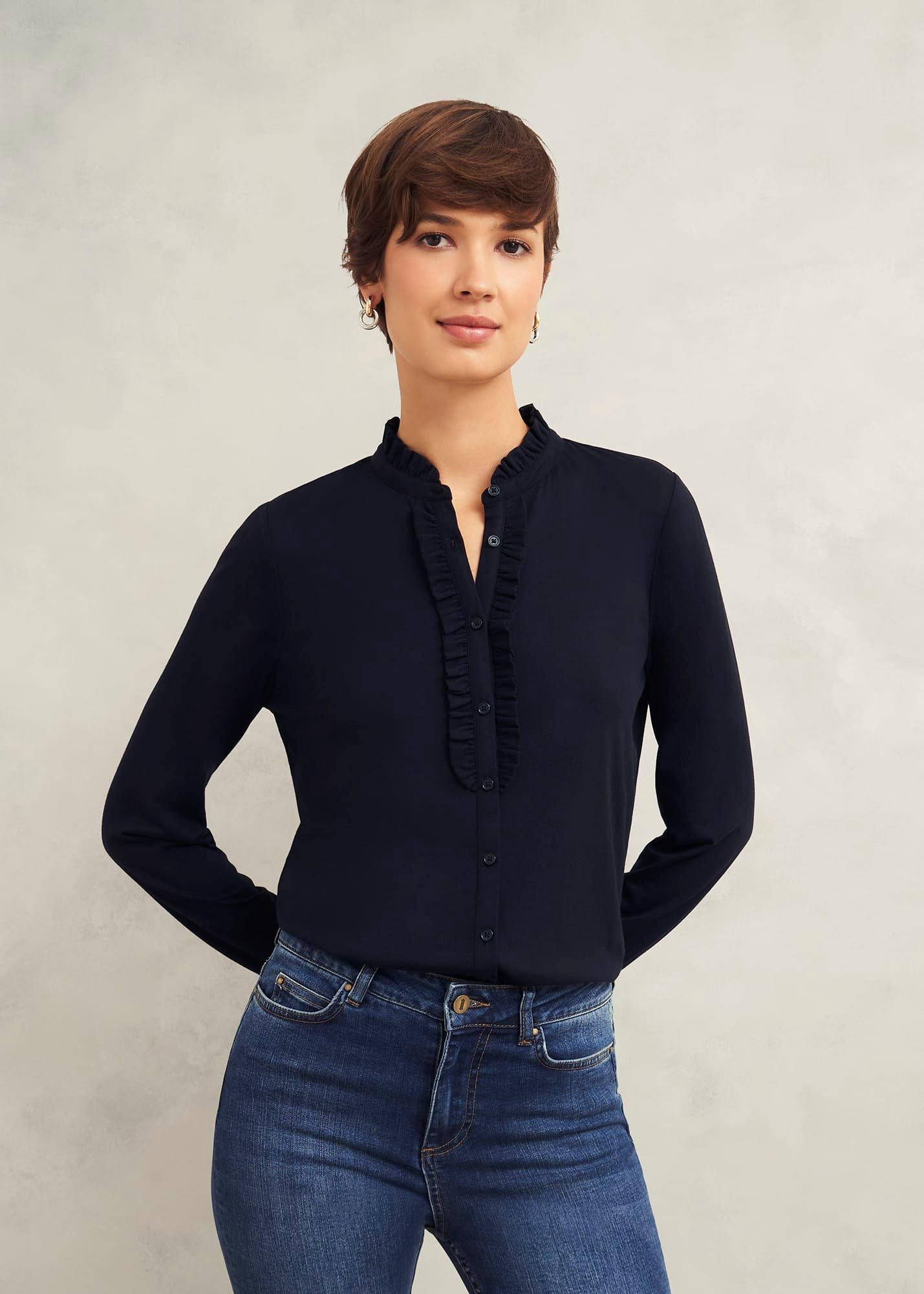 Ramona Cotton Blend Collared Top , Hobbs Navy, hi-res