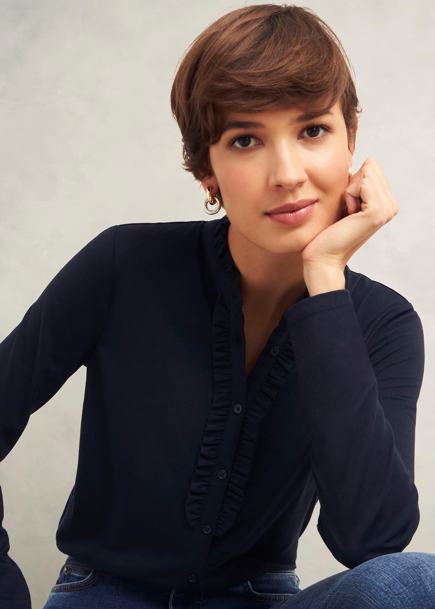 Ramona Cotton Blend Collared Top , Hobbs Navy, hi-res