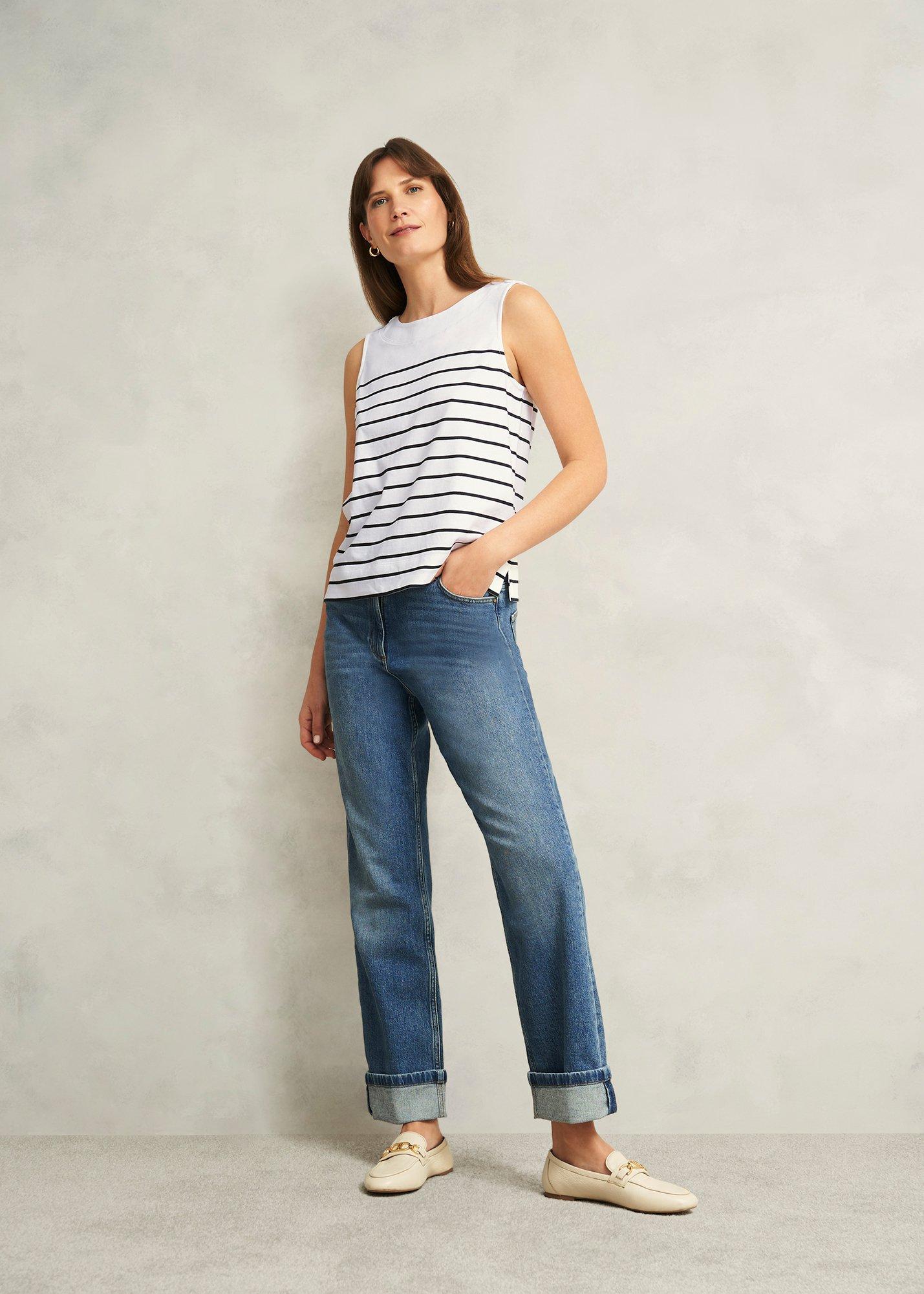 Maddy Cotton Striped Top, White Navy, hi-res