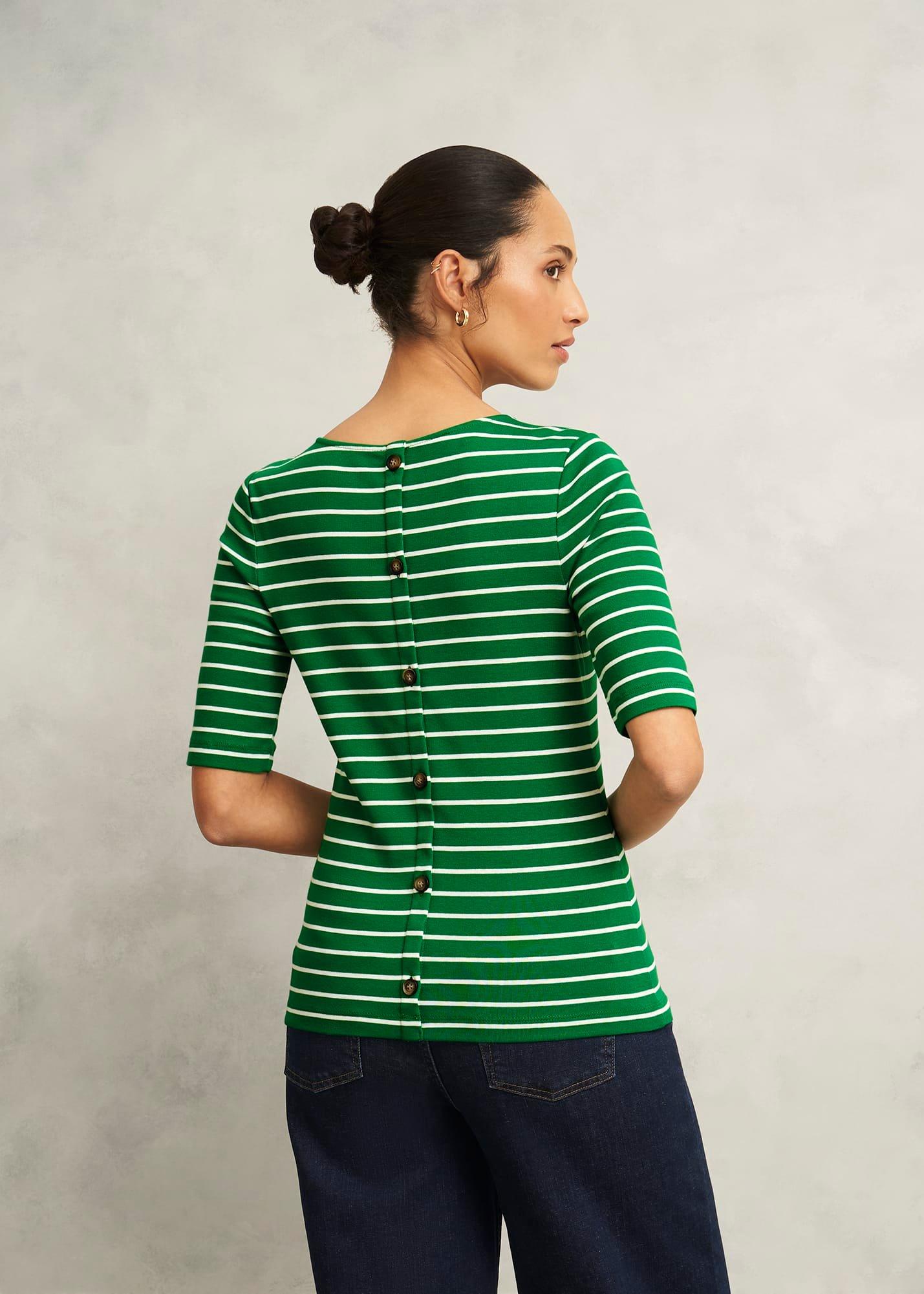 Katie Cotton Button Back Top, Green Ivory, hi-res