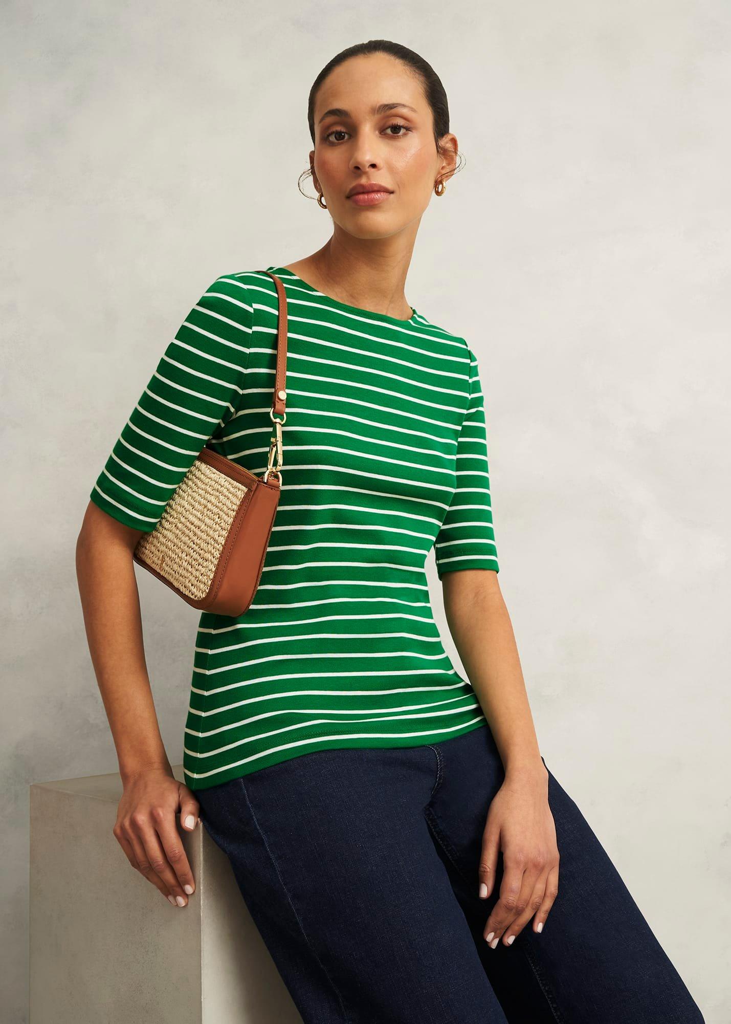 Katie Cotton Button Back Top, Green Ivory, hi-res