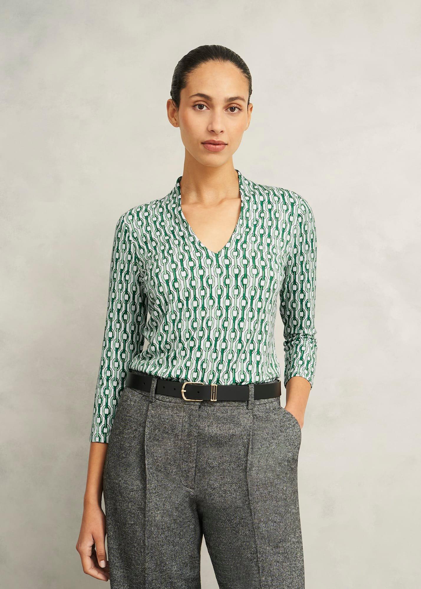Aimee Printed Top, Green Ivory, hi-res