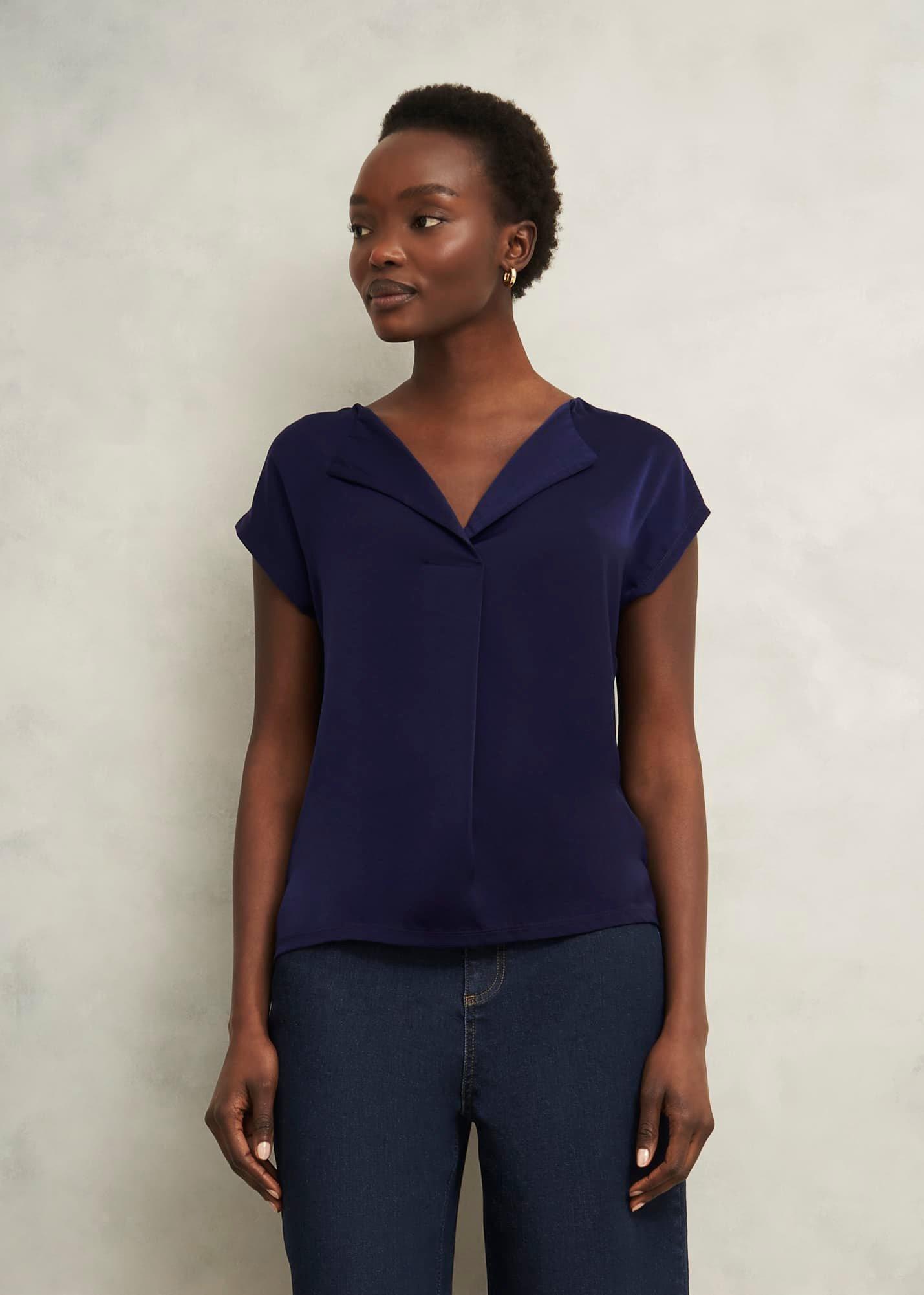 Sylvie Satin Front Top, True Navy, hi-res