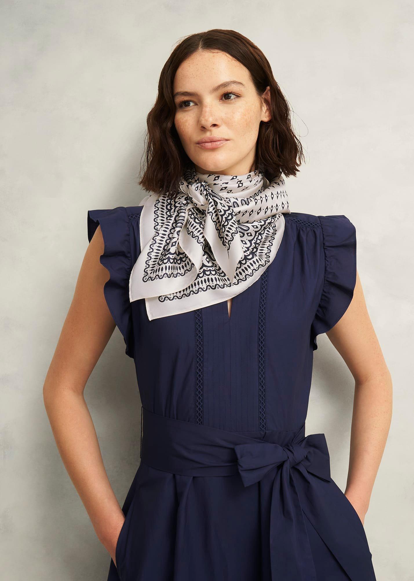 Bria Silk Scarf, Cream Navy, hi-res