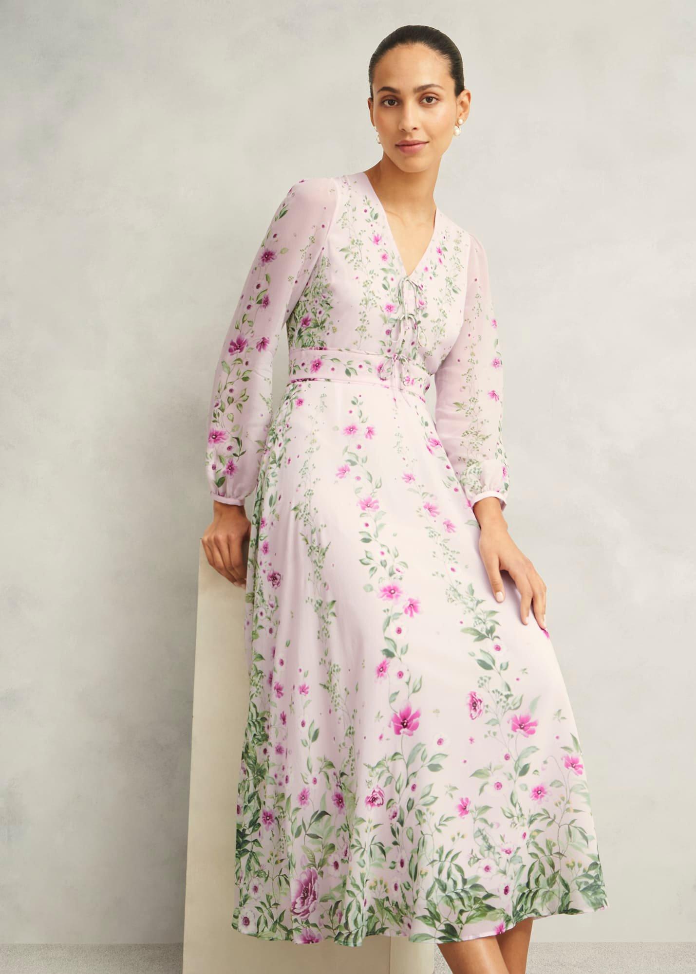 Petite Fay Silk Bow Detail Dress, Pink Multi, hi-res