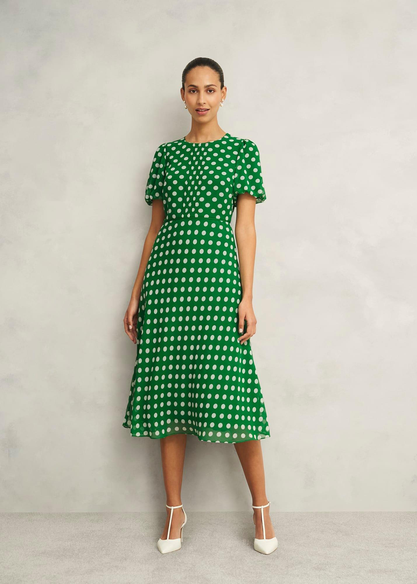 Petite Dorothy Spot Dress, Green Ivory, hi-res