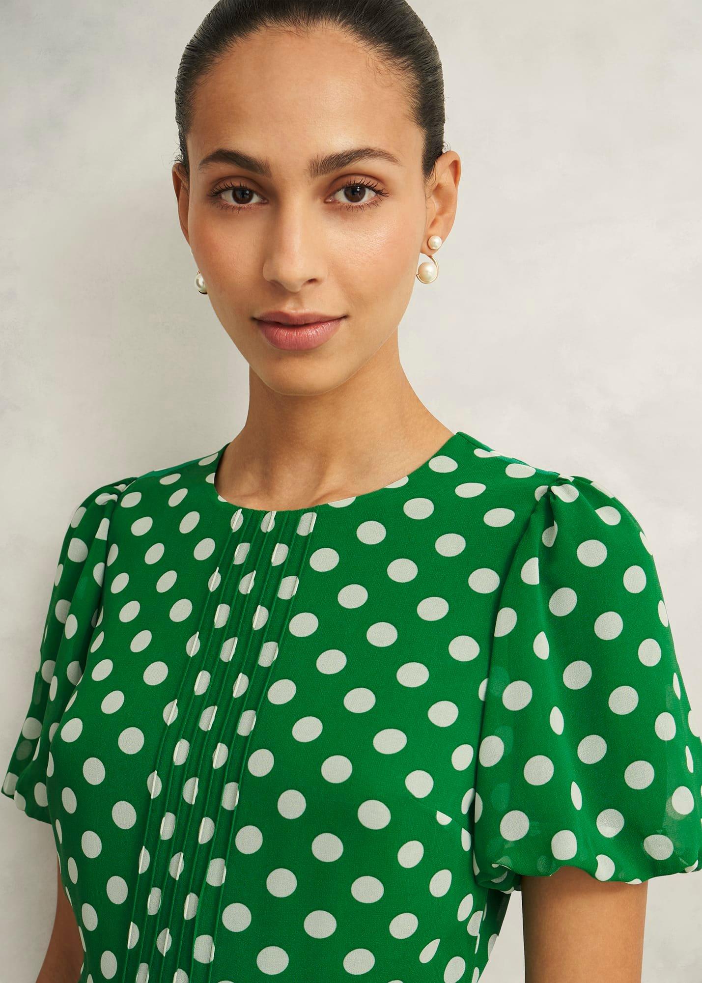 Petite Dorothy Spot Dress, Green Ivory, hi-res