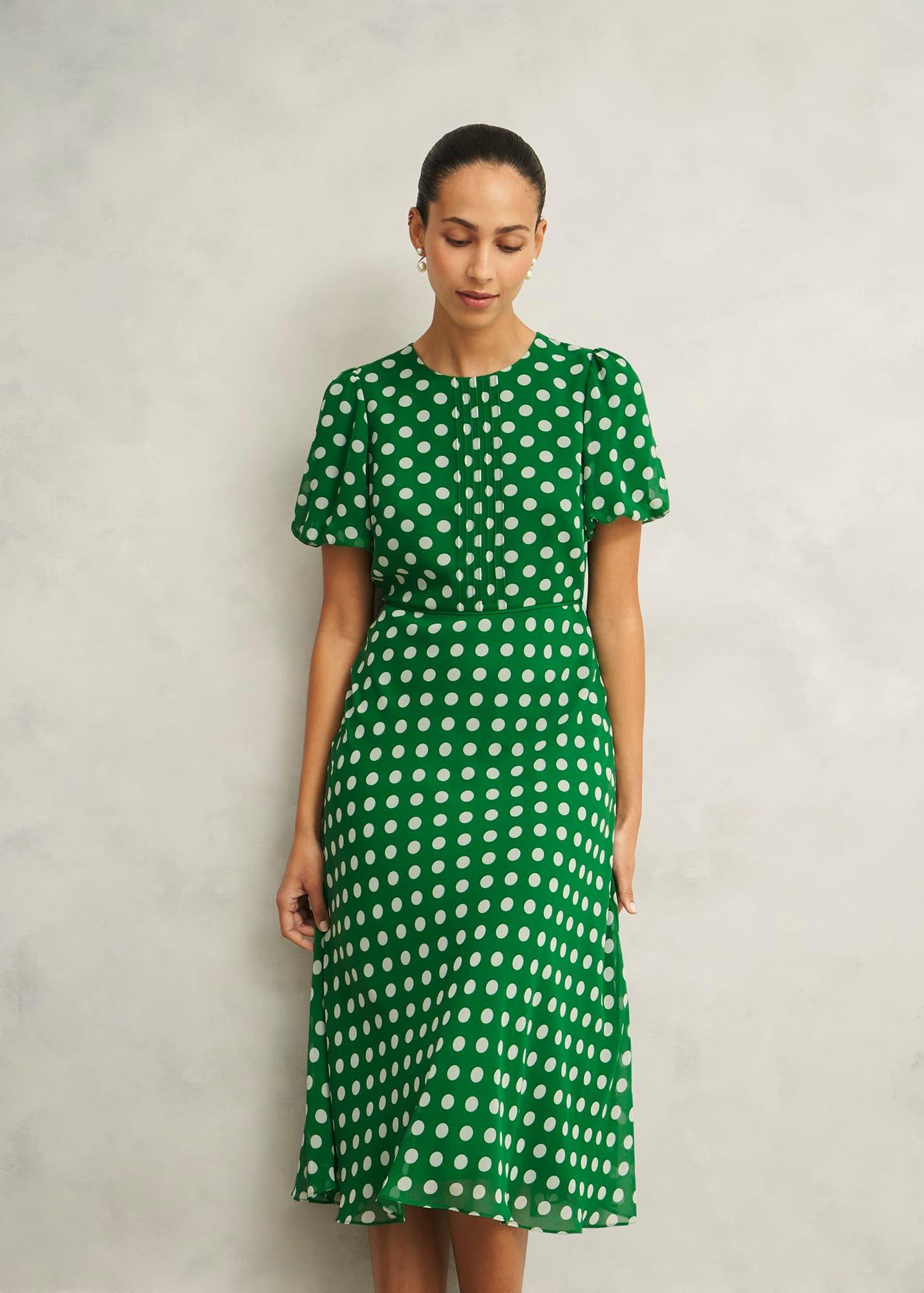 Petite Dorothy Spot Dress, Green Ivory, hi-res