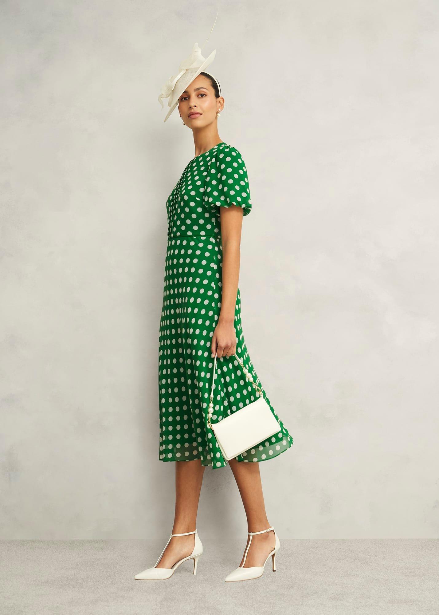 Petite Dorothy Spot Dress, Green Ivory, hi-res