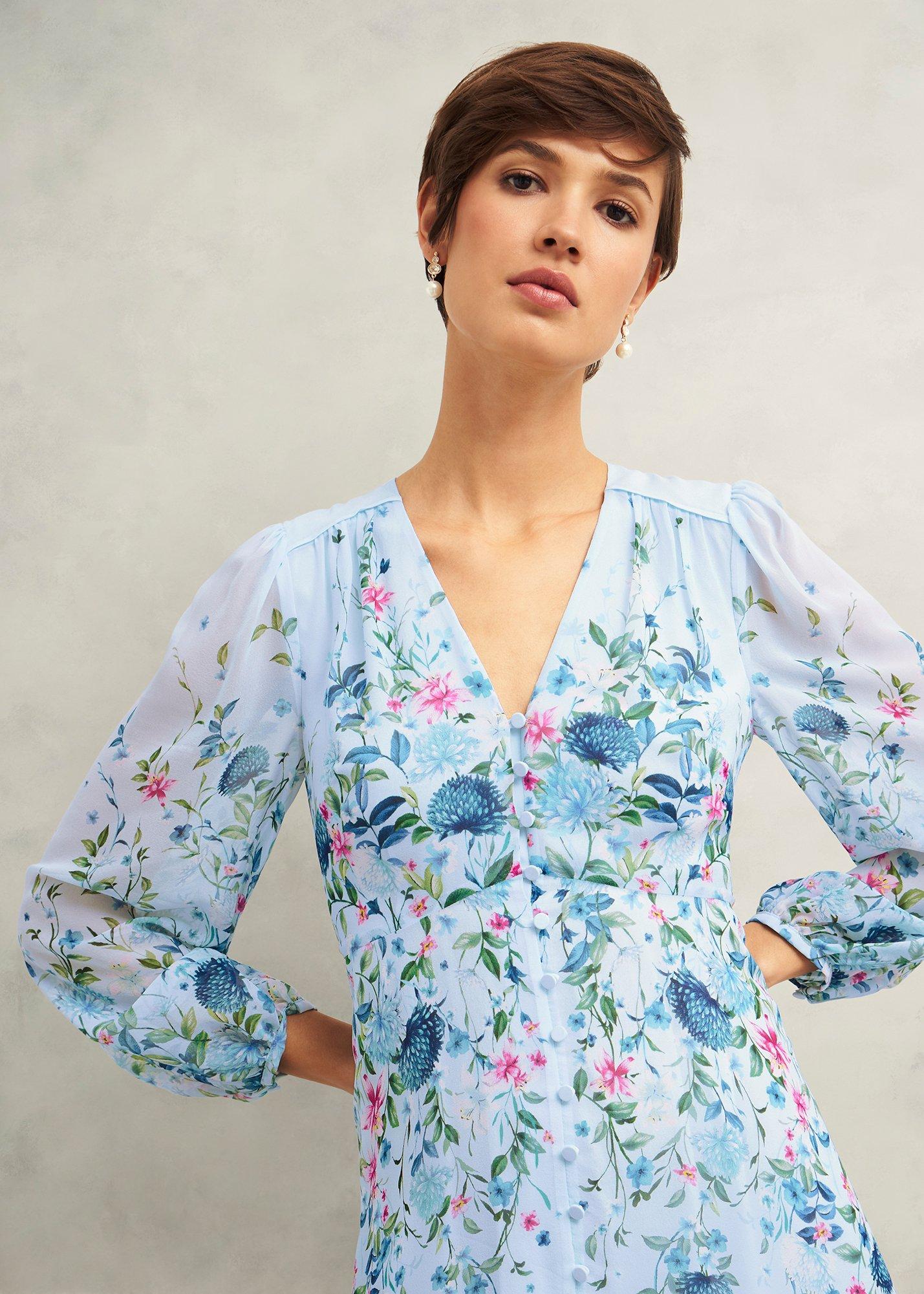 Caversham Floral Silk Dress, Blue Multi, hi-res
