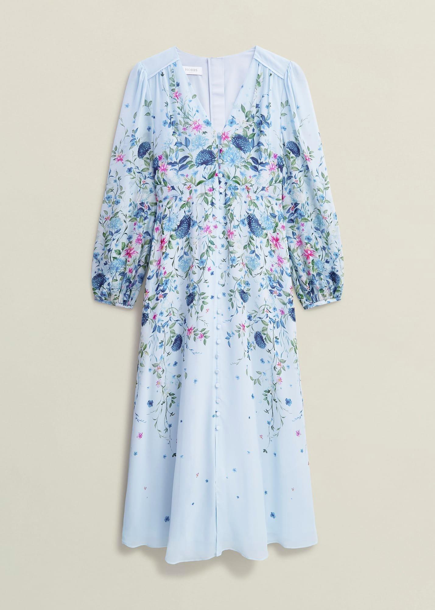 Petite Caversham Floral Silk Dress, Blue Multi, hi-res