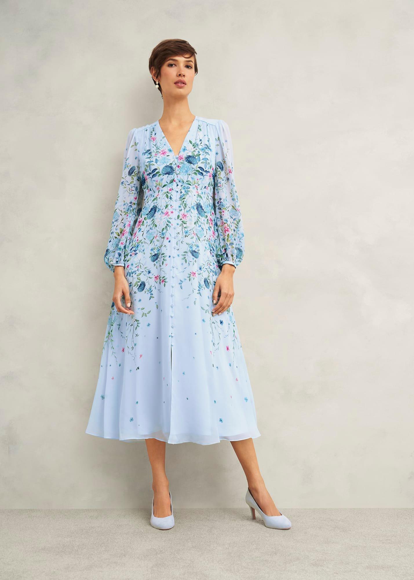 Petite Caversham Floral Silk Dress, Blue Multi, hi-res