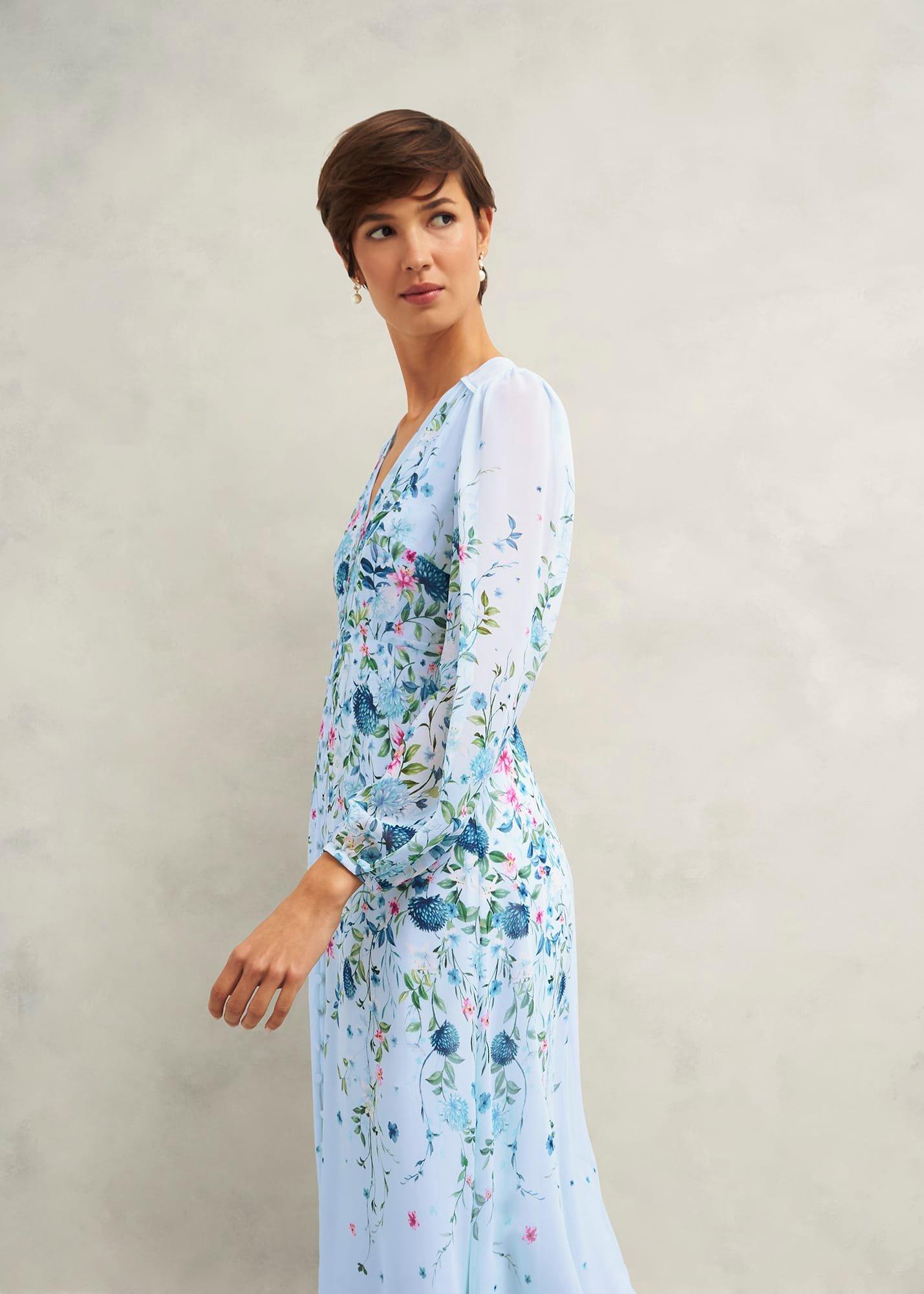 Petite Caversham Floral Silk Dress, Blue Multi, hi-res