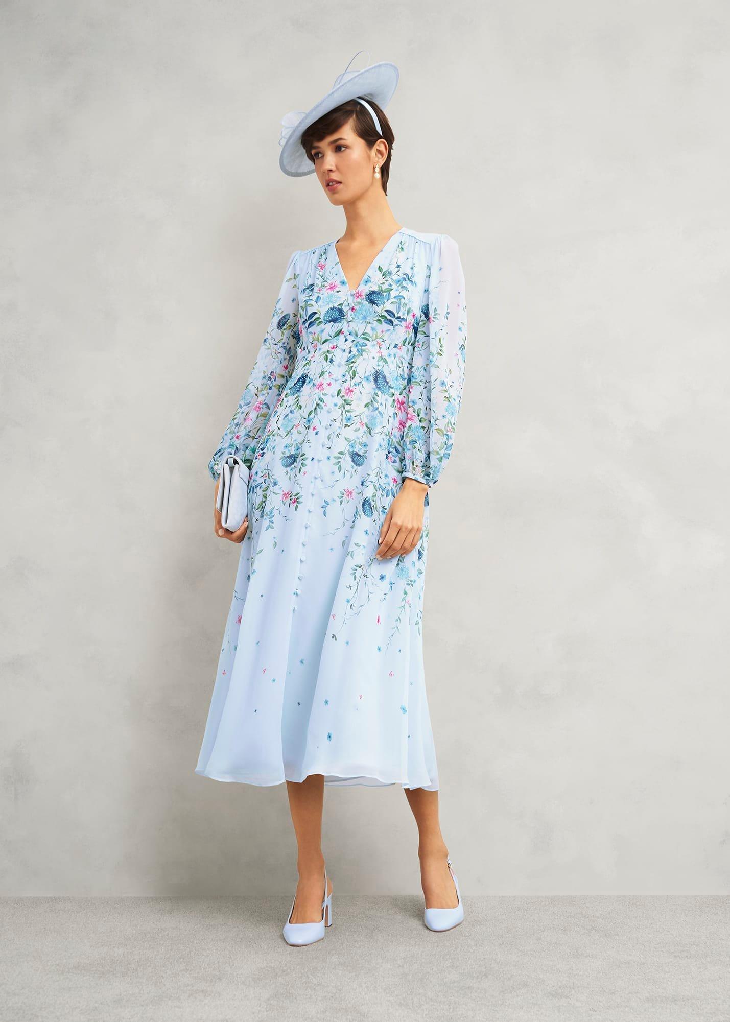 Petite Caversham Floral Silk Dress, Blue Multi, hi-res