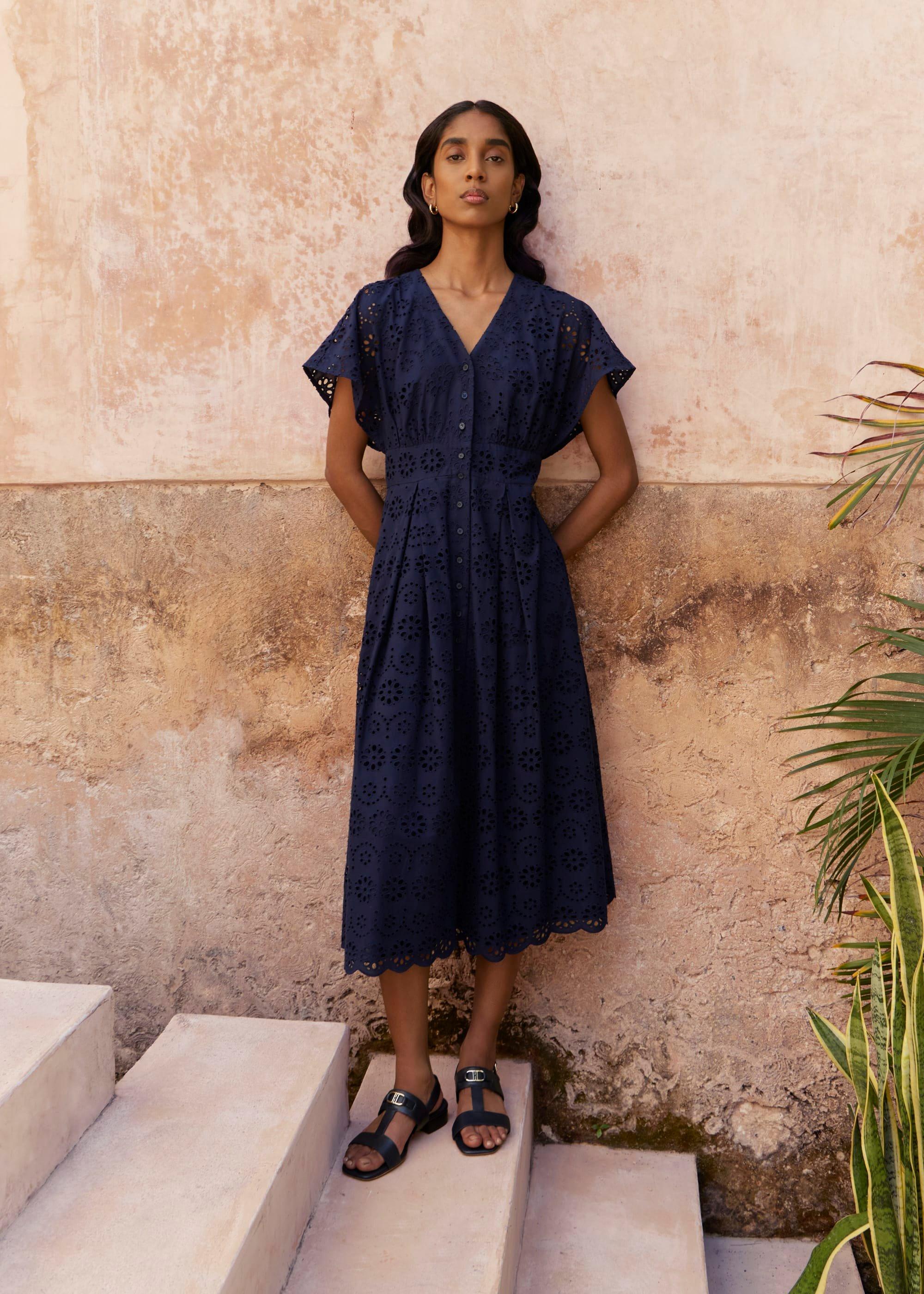 Morrab Cotton Broderie Dress, Midnight Navy, hi-res