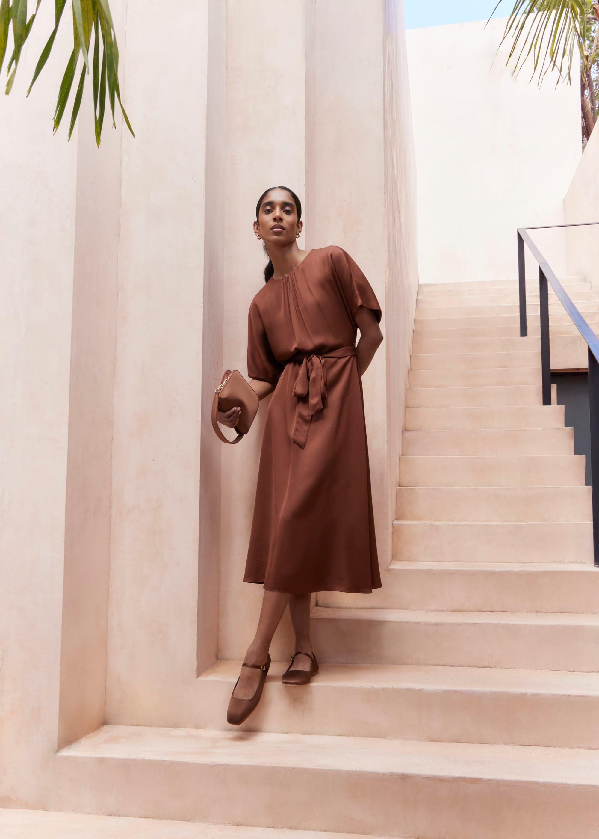 Darracott Tie Waist Midi Dress, Medlar Brown, hi-res