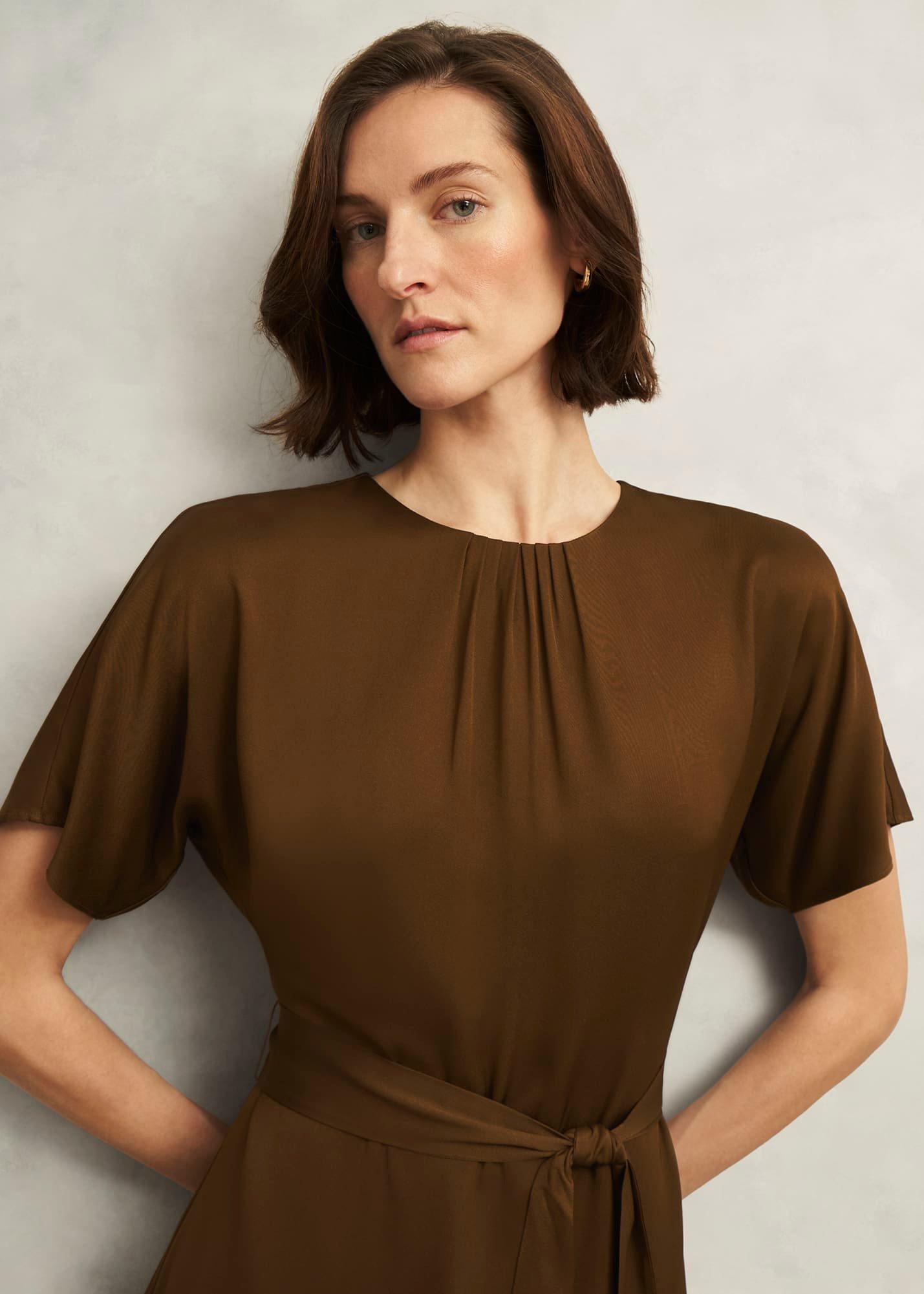 Darracott Tie Waist Midi Dress, Medlar Brown, hi-res