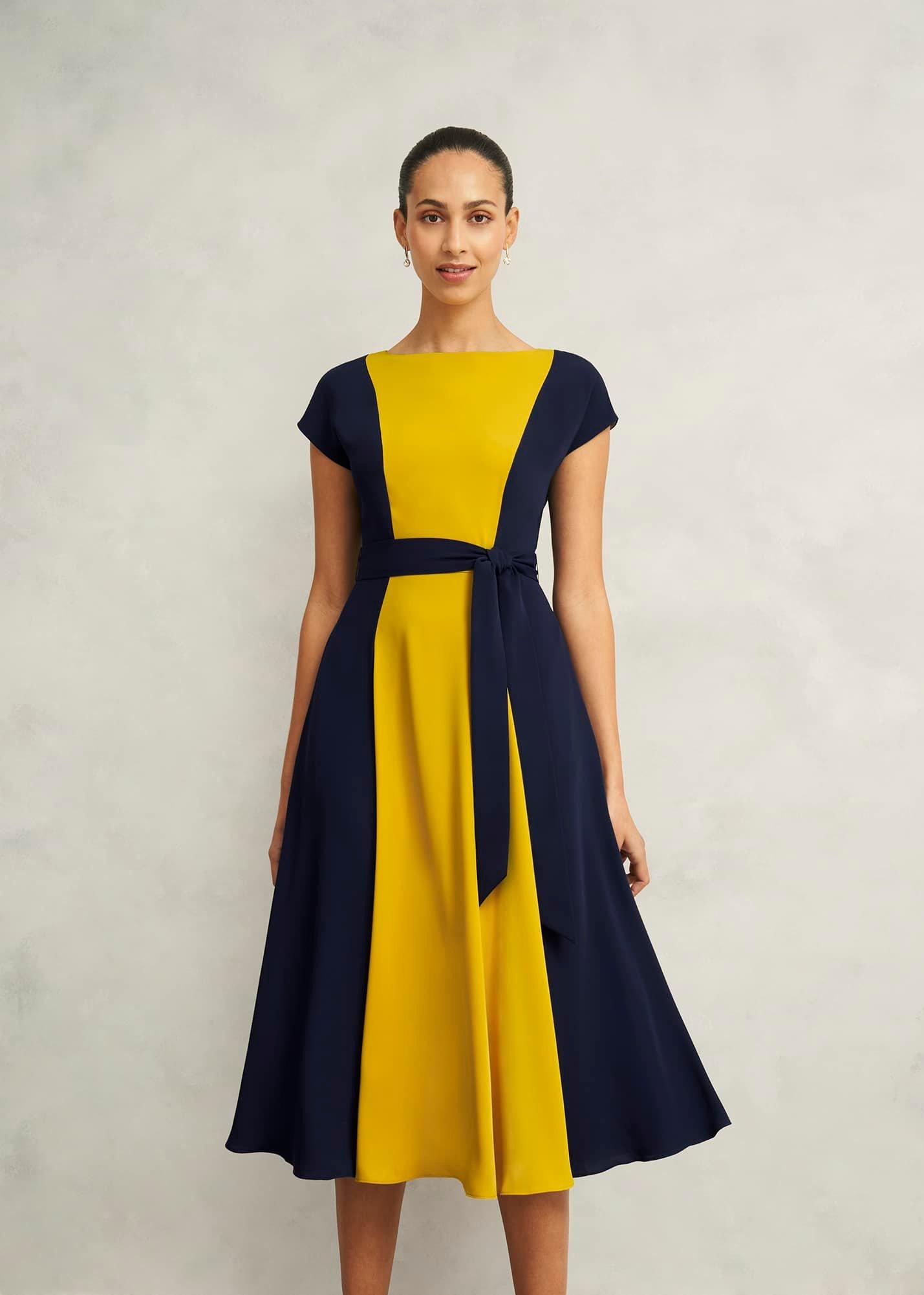 Emery Tie Belted Dress, Navy Yellow, hi-res