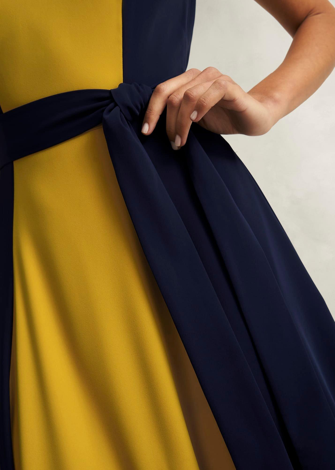 Emery Tie Belted Dress, Navy Yellow, hi-res