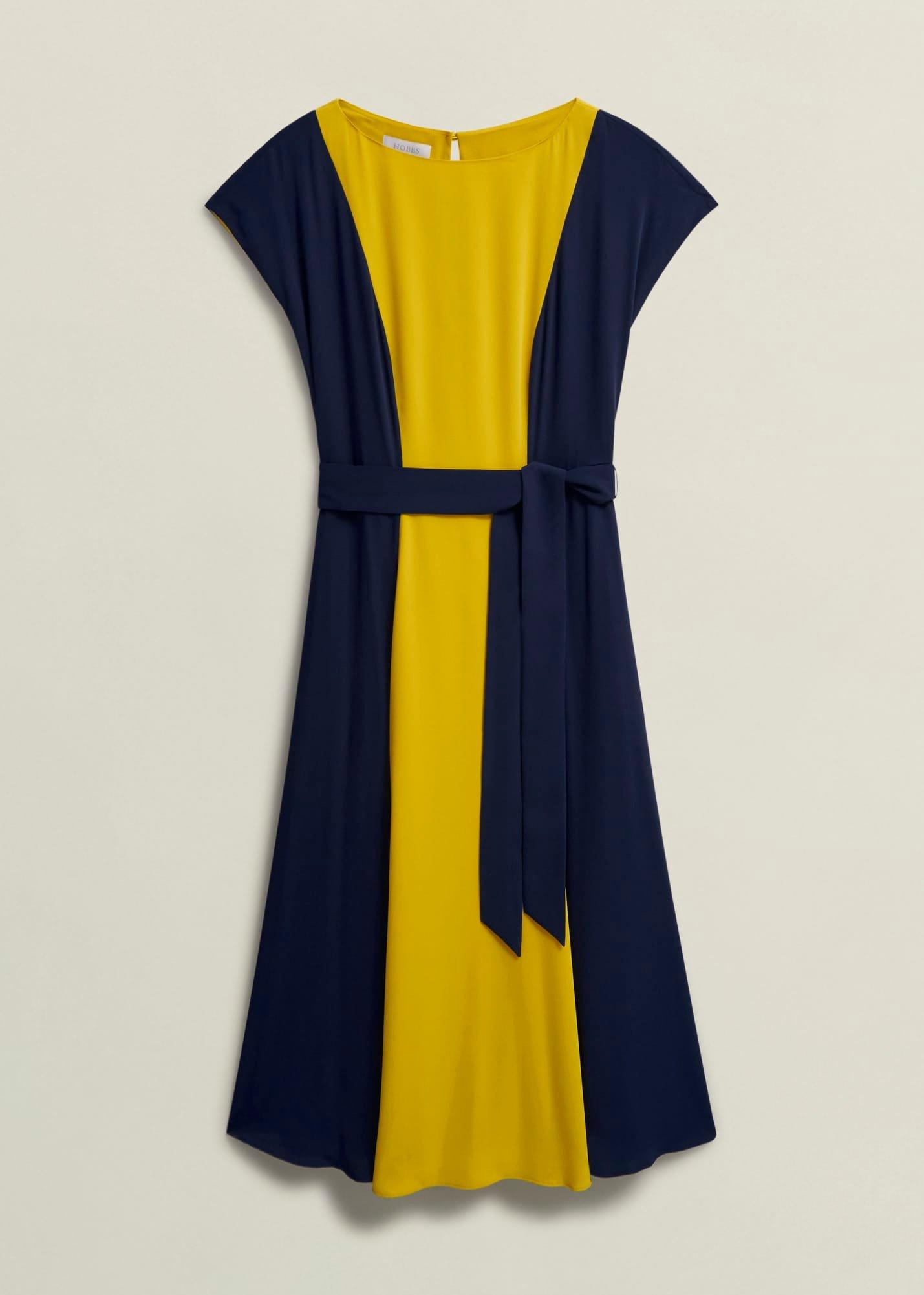 Petite Emery Tie Belted Dress, Navy Yellow, hi-res
