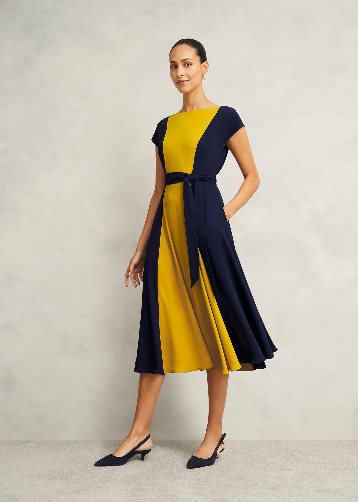 Petite Emery Tie Belted Dress, Navy Yellow, hi-res