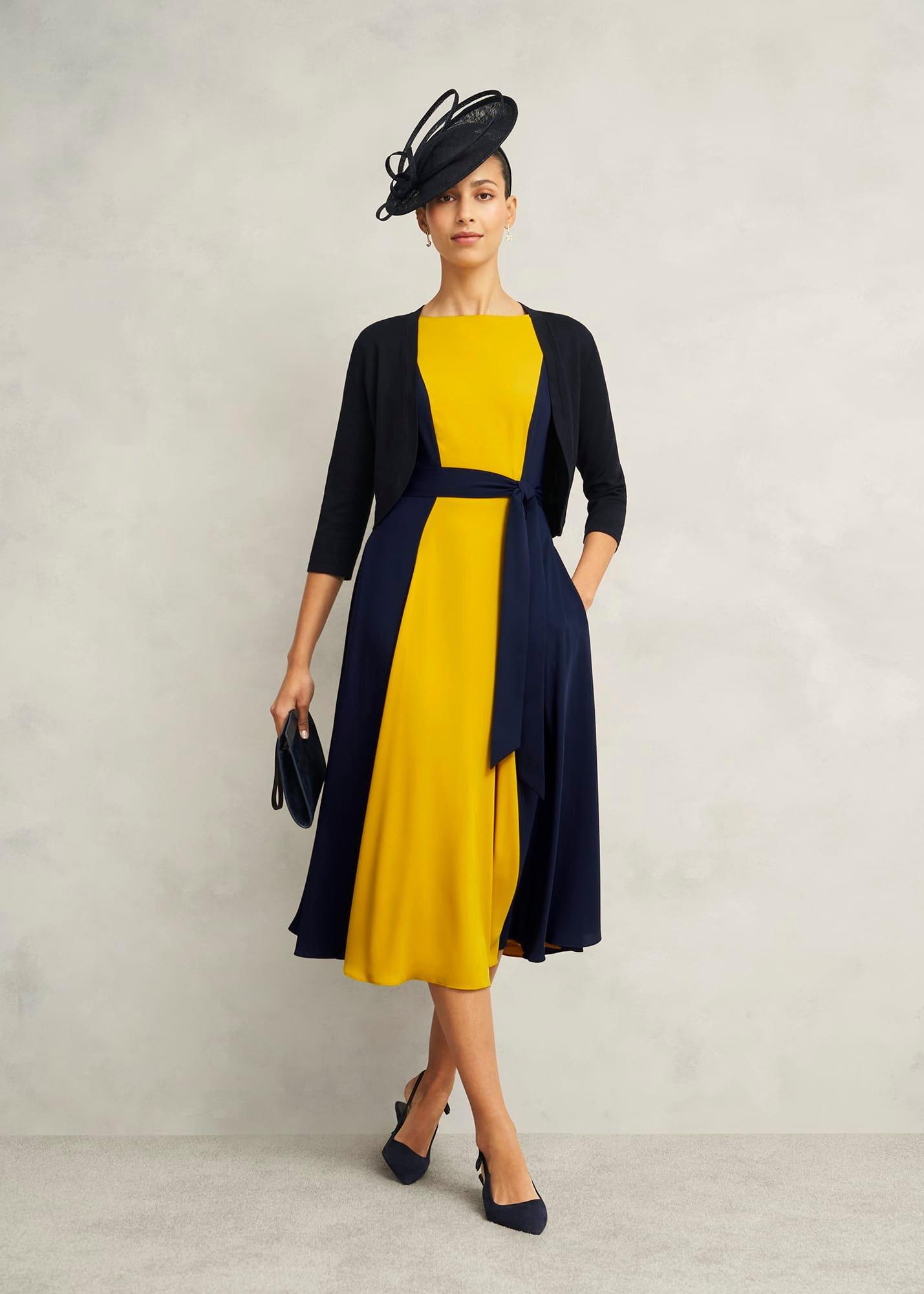 Petite Emery Tie Belted Dress, Navy Yellow, hi-res